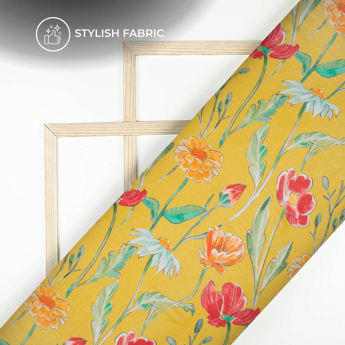 Canary Yellow Floral Digital Print Bemberg Chiffon Fabric