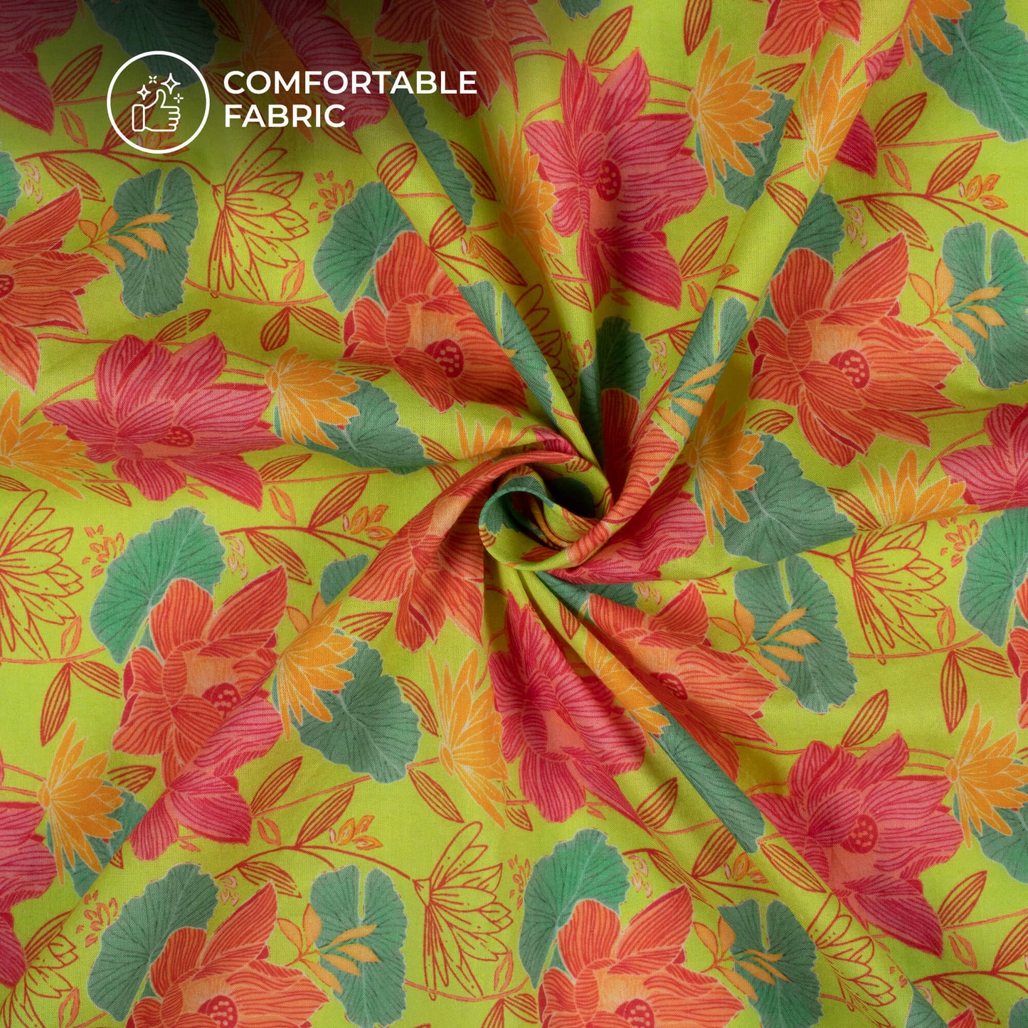 Chartreuse Yellow Floral Digital Print Cotton Cambric Fabric