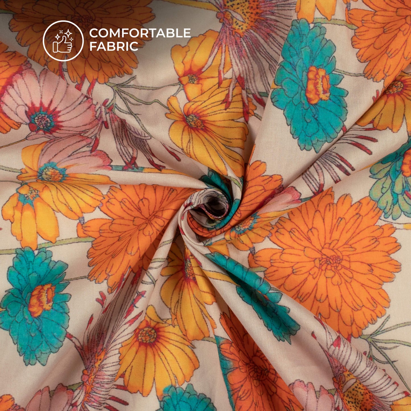 Tangerine Orange Floral Digital Print Cotton Cambric Fabric