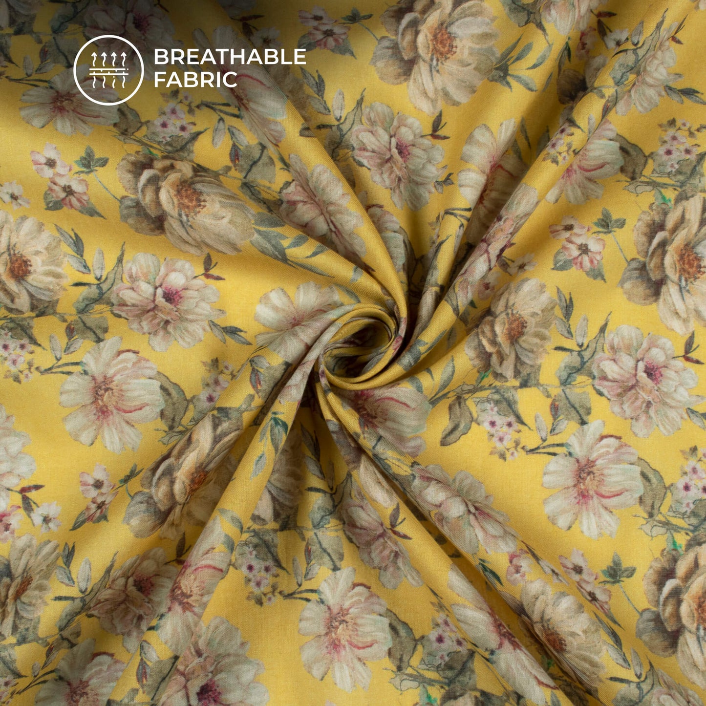 Lemon Yellow Floral Digital Print Pure Cotton Mulmul Fabric