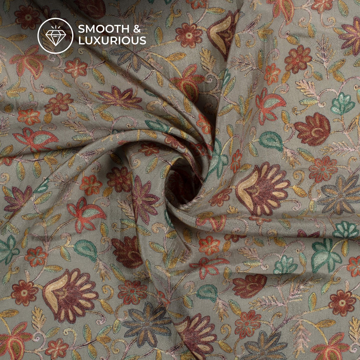 Grey Floral Digital Print Viscose Uppada Silk Fabric