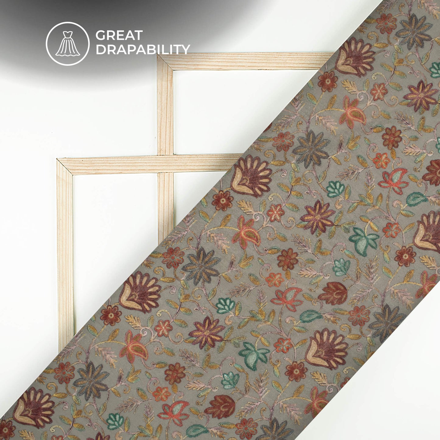 Grey Floral Digital Print Viscose Uppada Silk Fabric