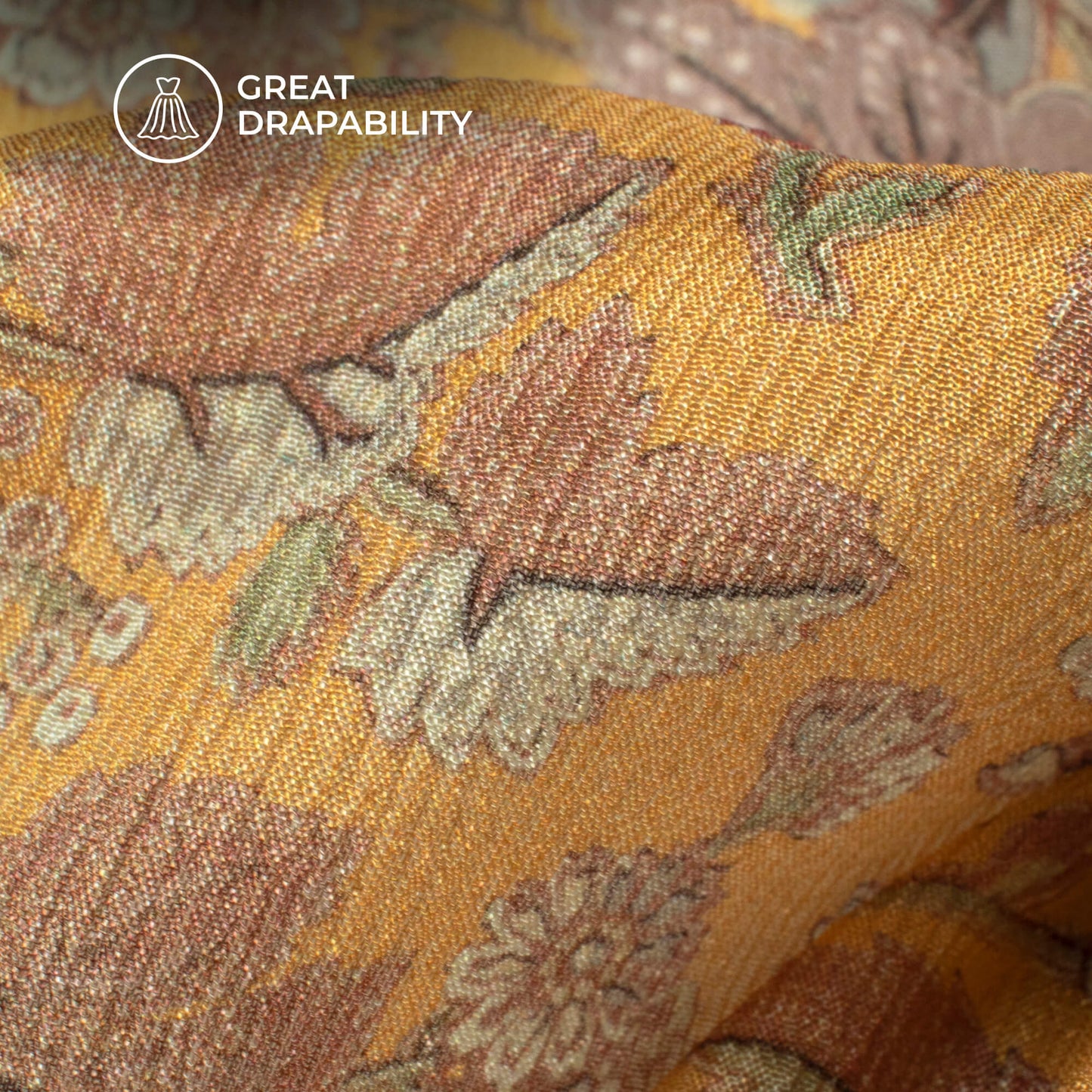Mustard Yellow Floral Digital Print Viscose Chinnon Chiffon Fabric