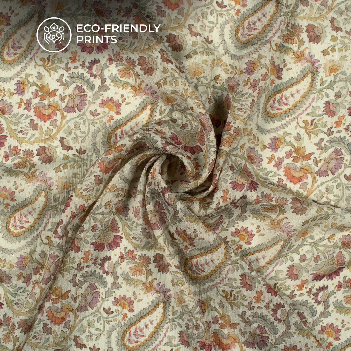 Cream Paisley Digital Print Viscose Chinnon Chiffon Fabric