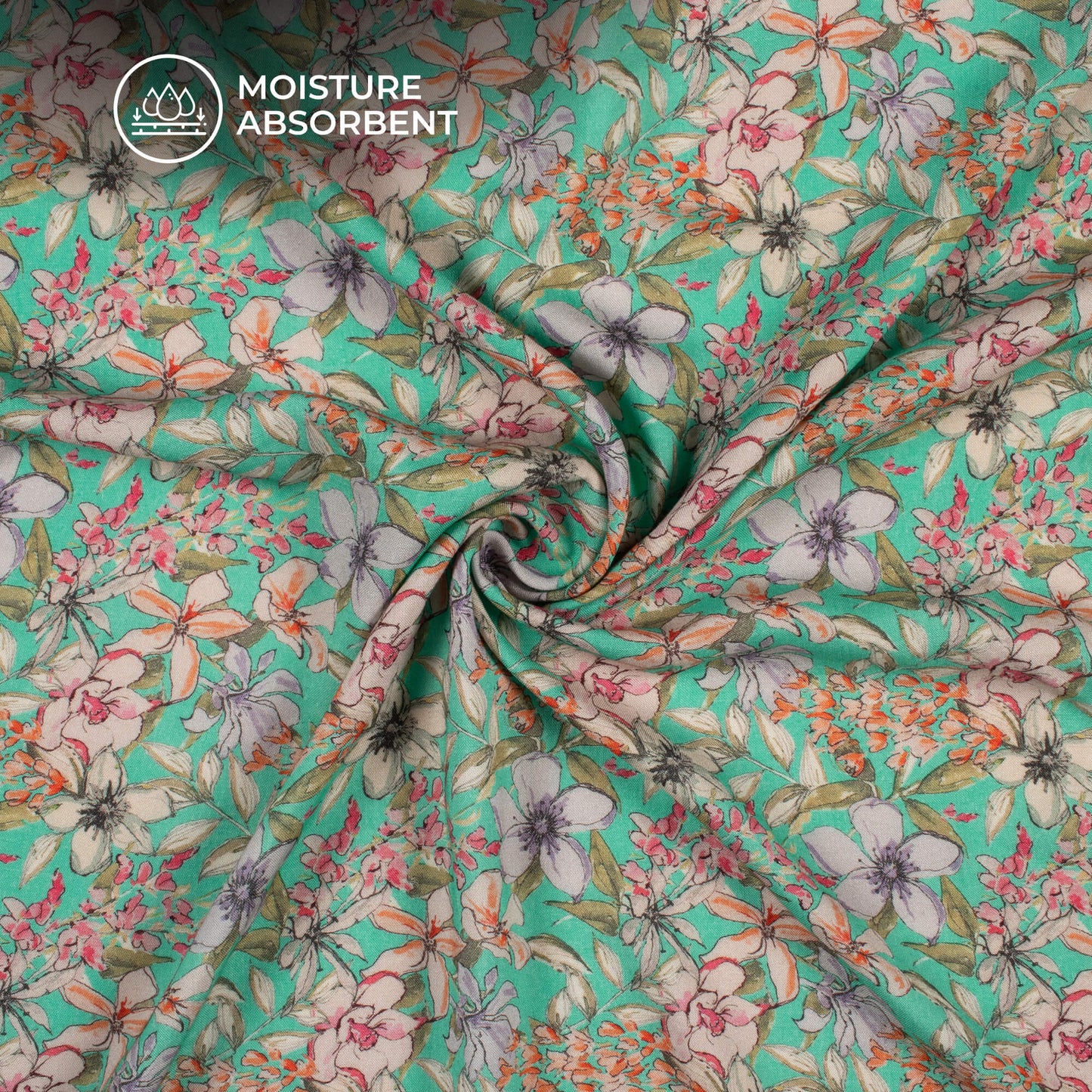 Seafoam Green Floral Digital Print Viscose Rayon Fabric(Width 58 Inches)