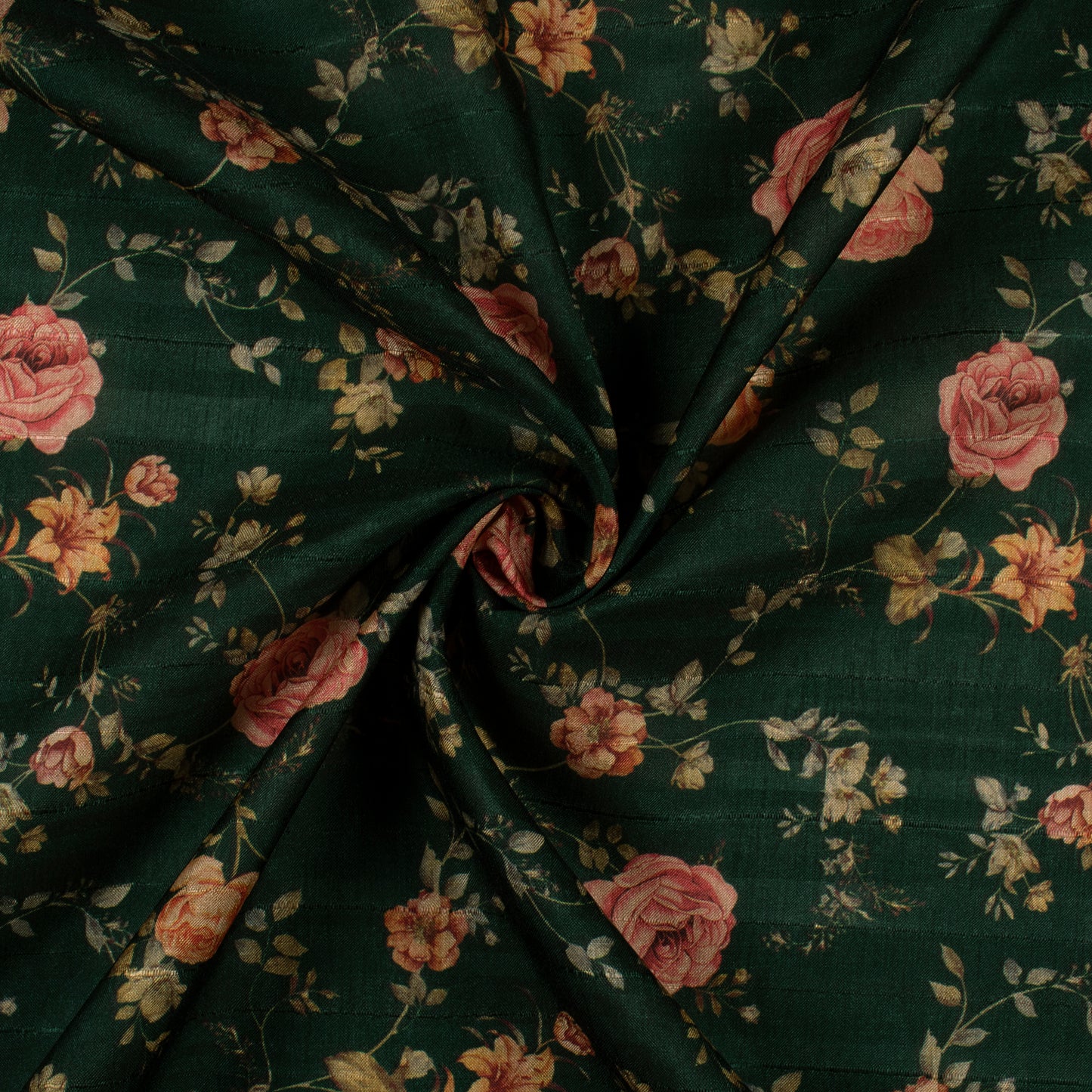 Dark Green Floral Digital Print Art Tusser Fabric