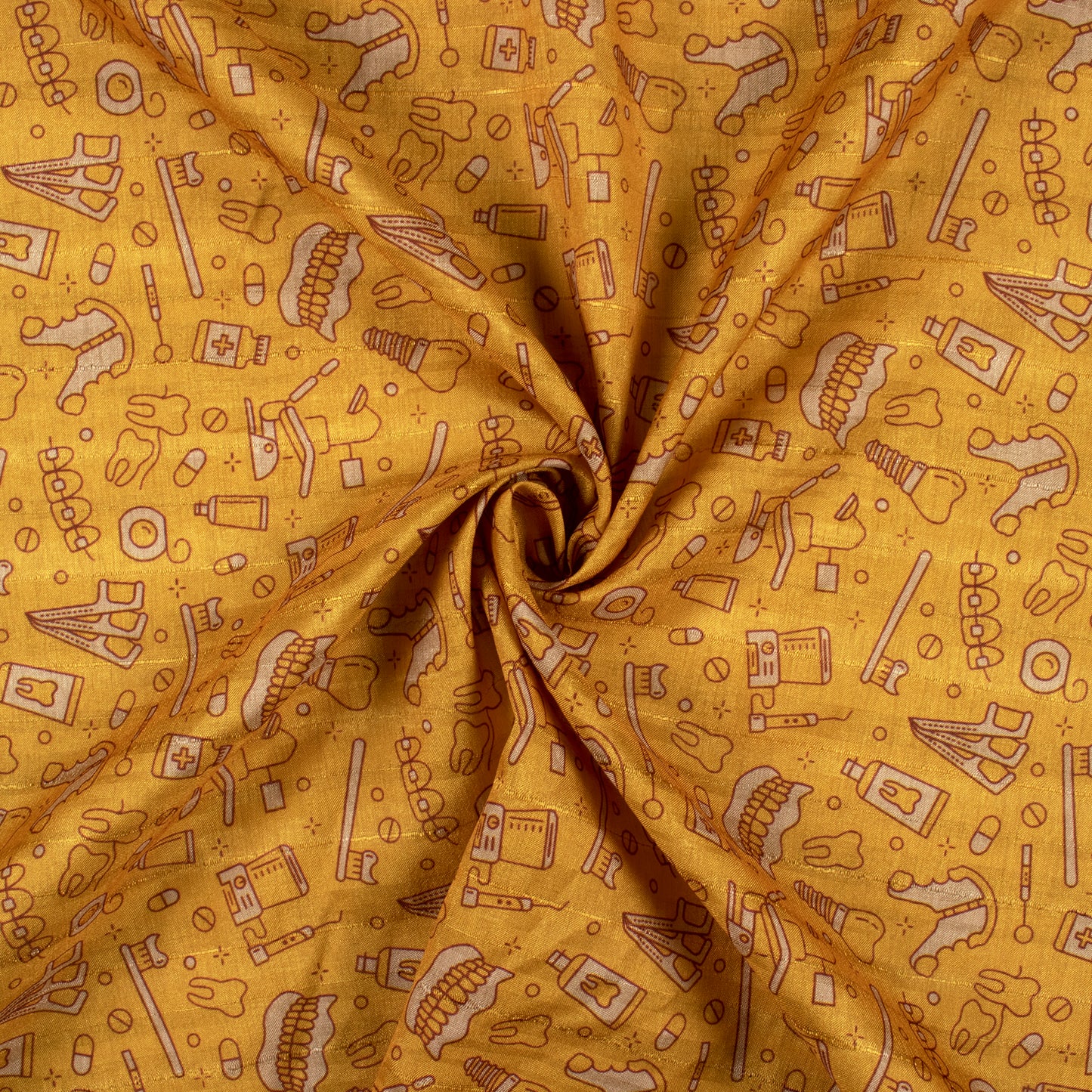Golden Yellow Quirky Digital Print Art Tusser Fabric