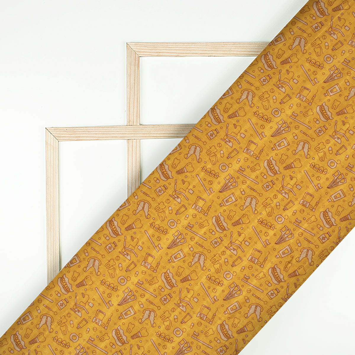 Golden Yellow Quirky Digital Print Art Tusser Fabric