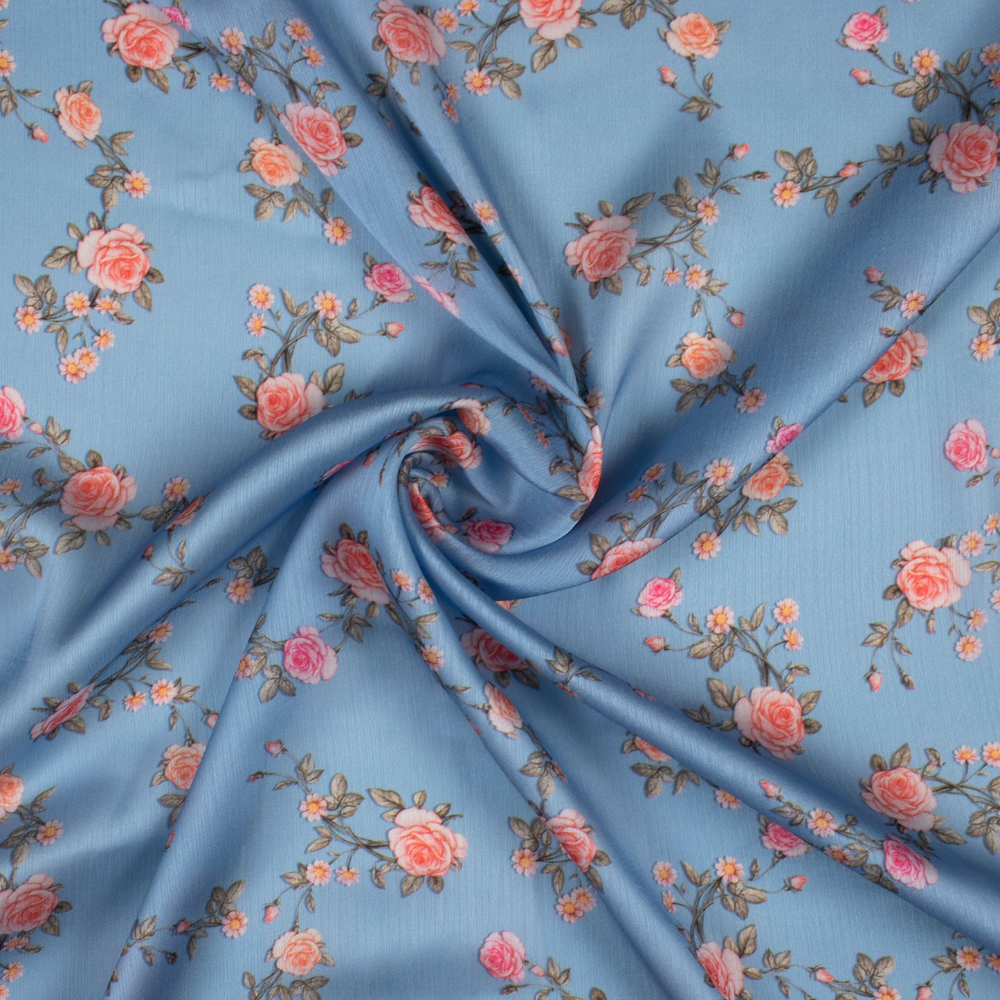 Baby Blue Floral Digital Print Chiffon Satin Fabric