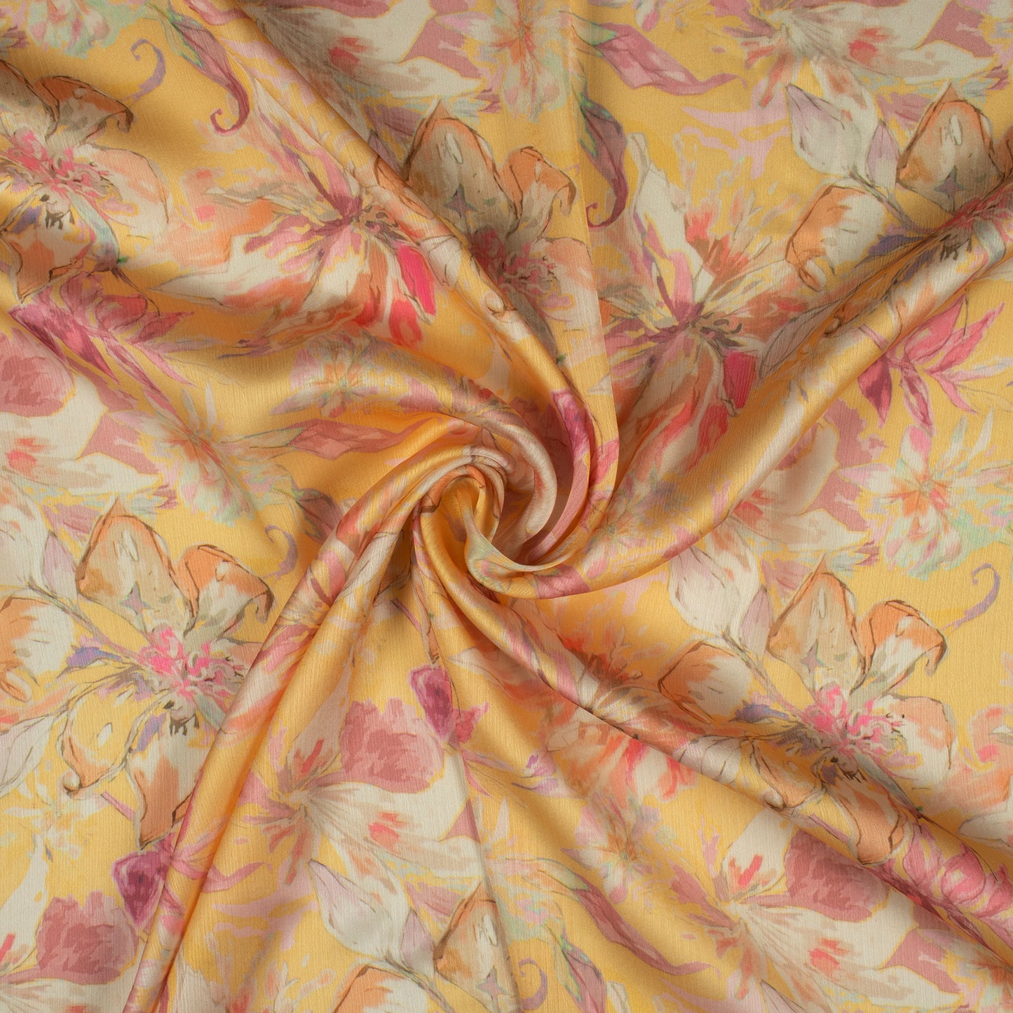 Pastle Yellow Floral Digital Print Chiffon Satin Fabric