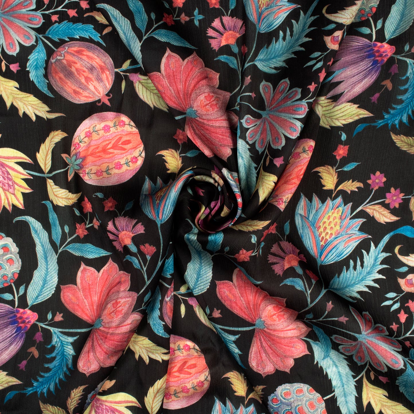 Black Floral Digital Print Chiffon Satin Fabric