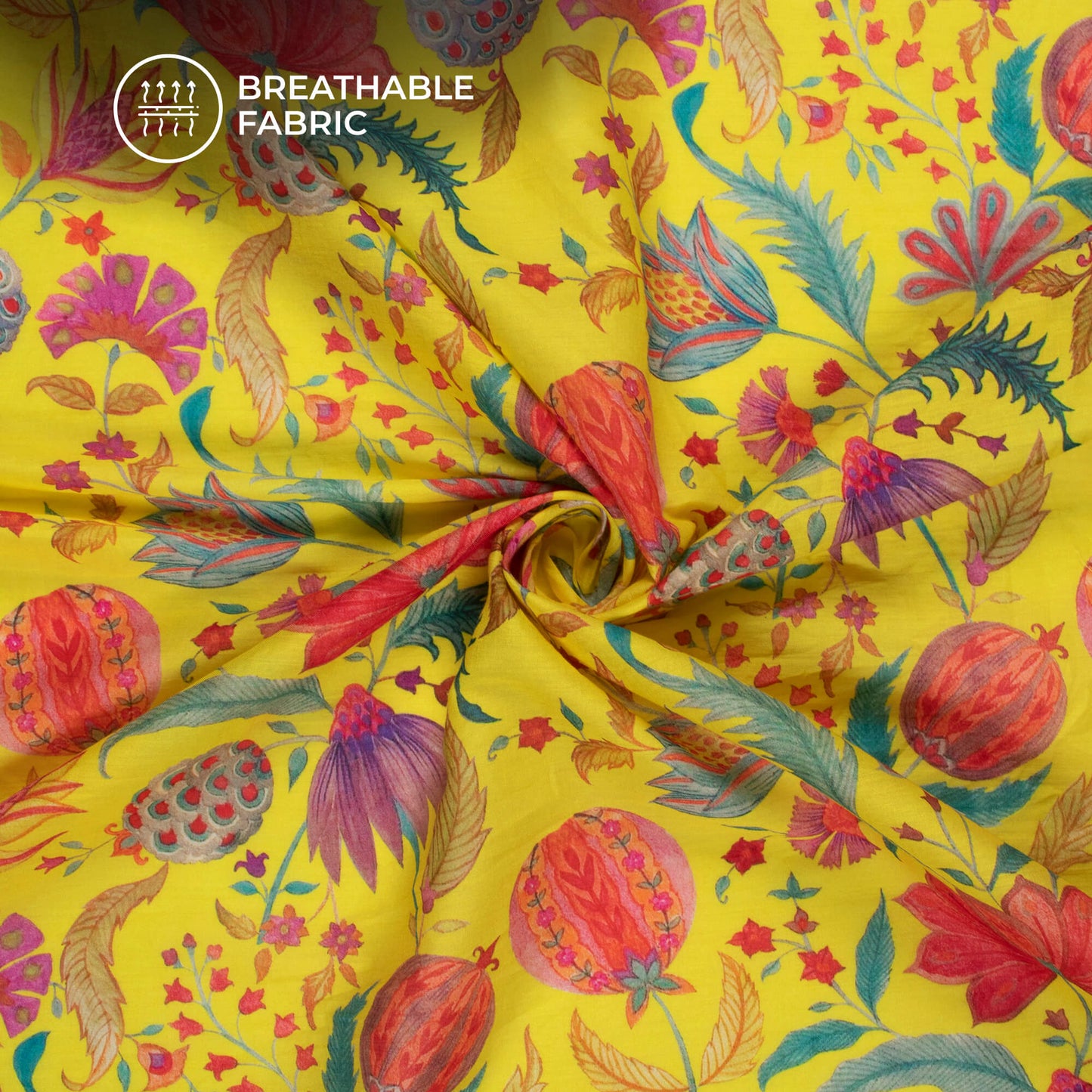 Lemon Yellow Floral Digital Print Pure Cotton Mulmul Fabric