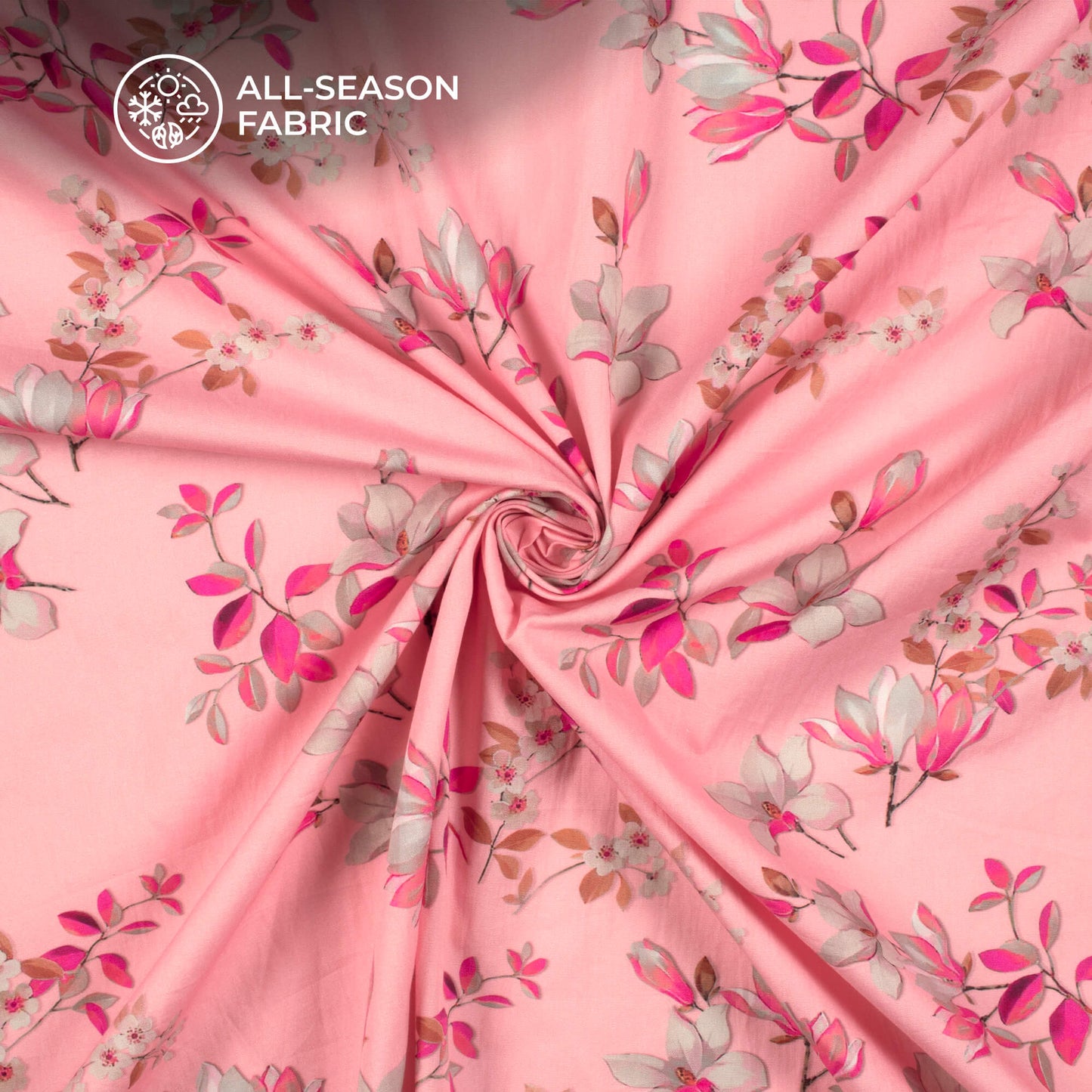 Rose Pink Floral Digital Print Poplin Fabric (Width 58 Inches)