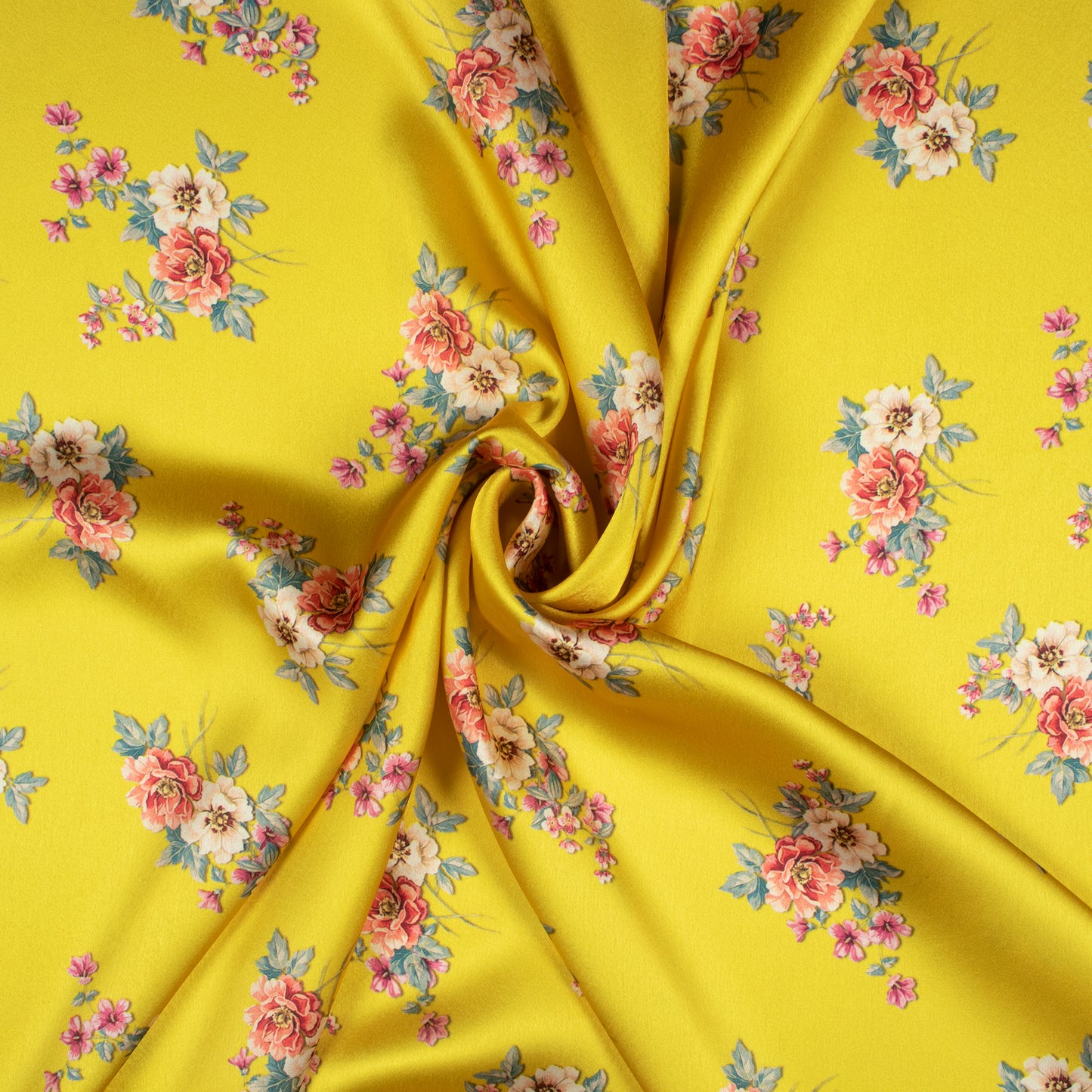 Yellow Floral Digital Print Japan Satin Fabric