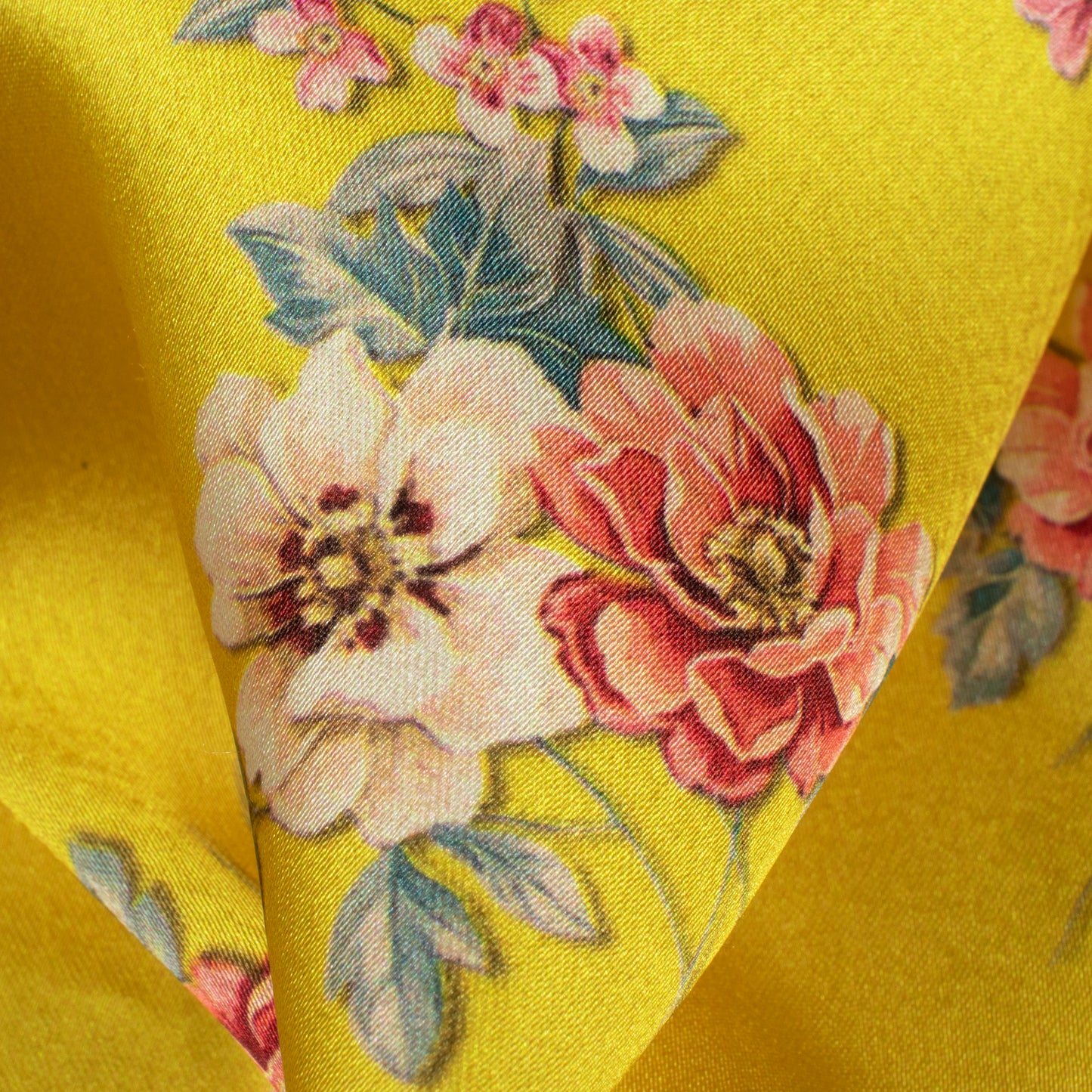 Yellow Floral Digital Print Japan Satin Fabric