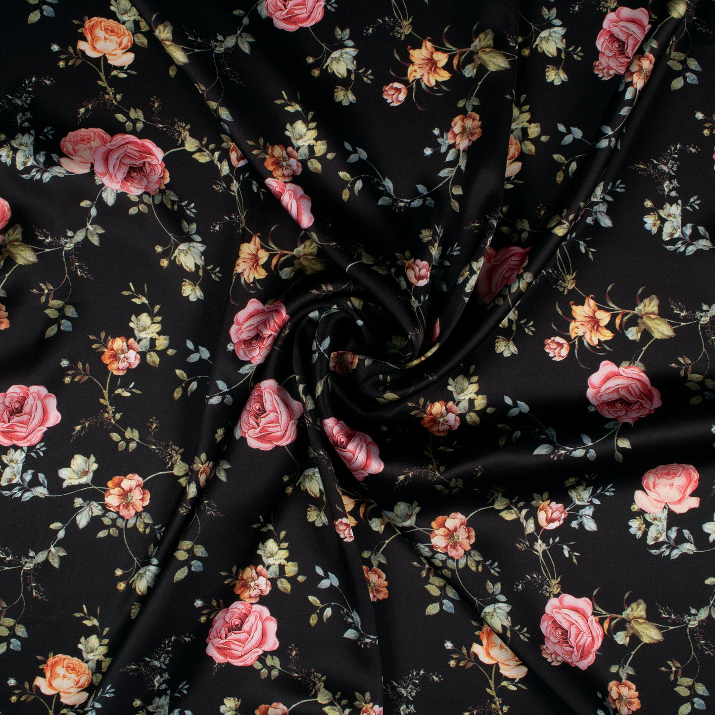 Top Selling Black Floral Digital Print Japan Satin Fabric