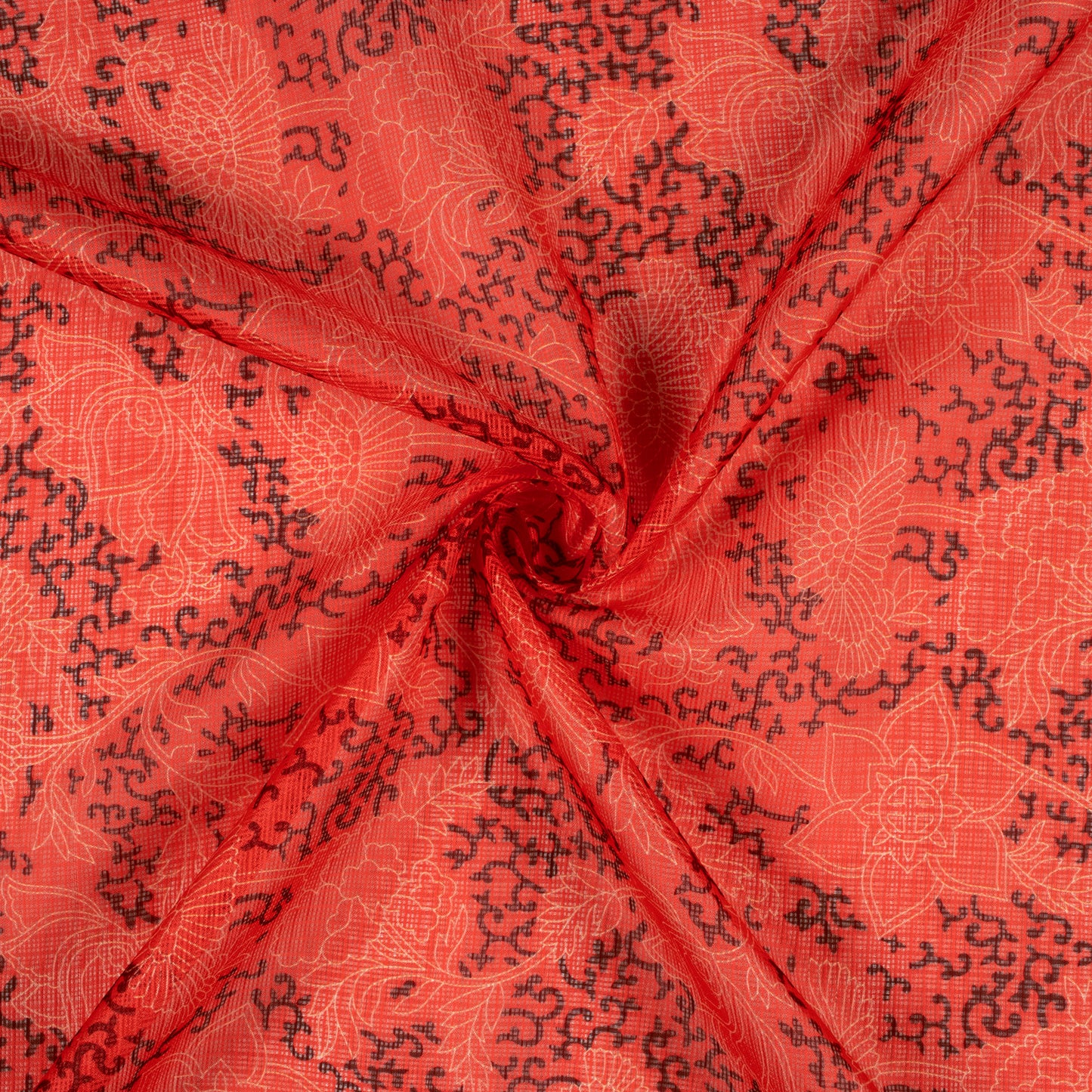 Vermillion Floral Digital Print Kota Doria Fabric