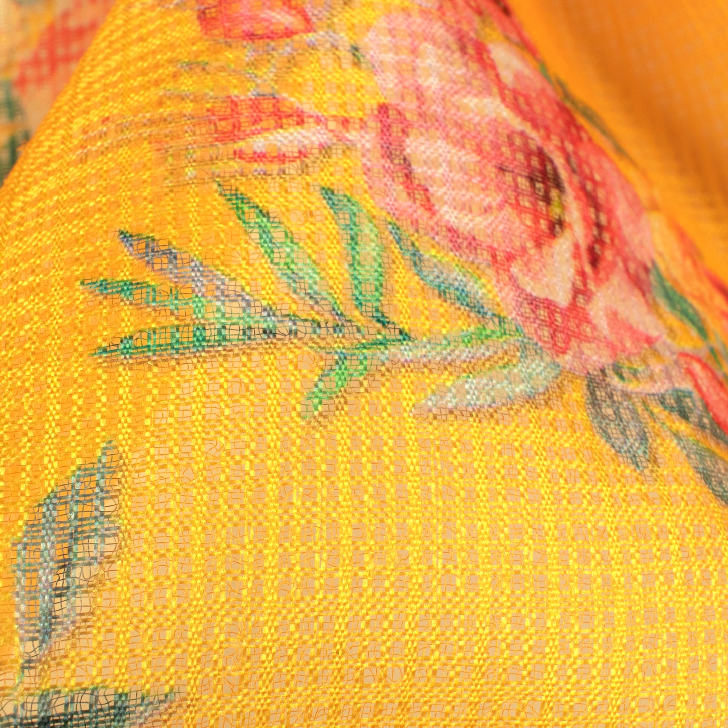 Yellow Floral Digital Print Kota Doria Fabric