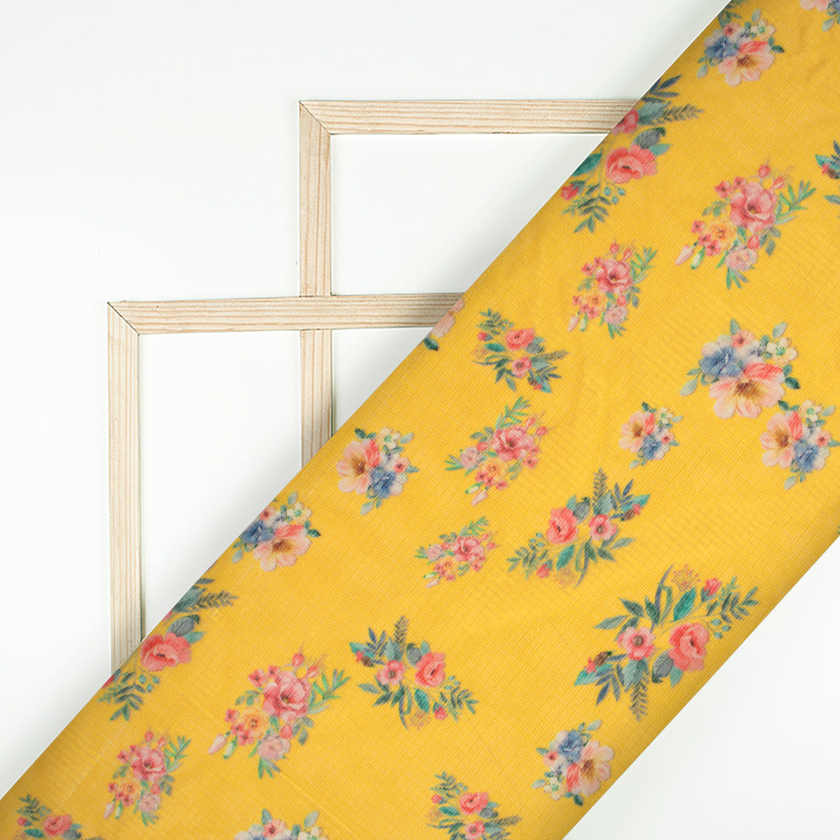 Yellow Floral Digital Print Kota Doria Fabric