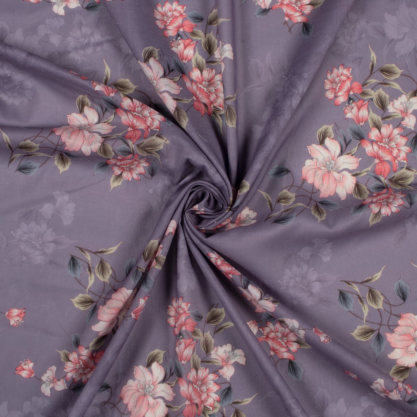 Solid Purple Floral Digital Print Poly Cambric Fabric