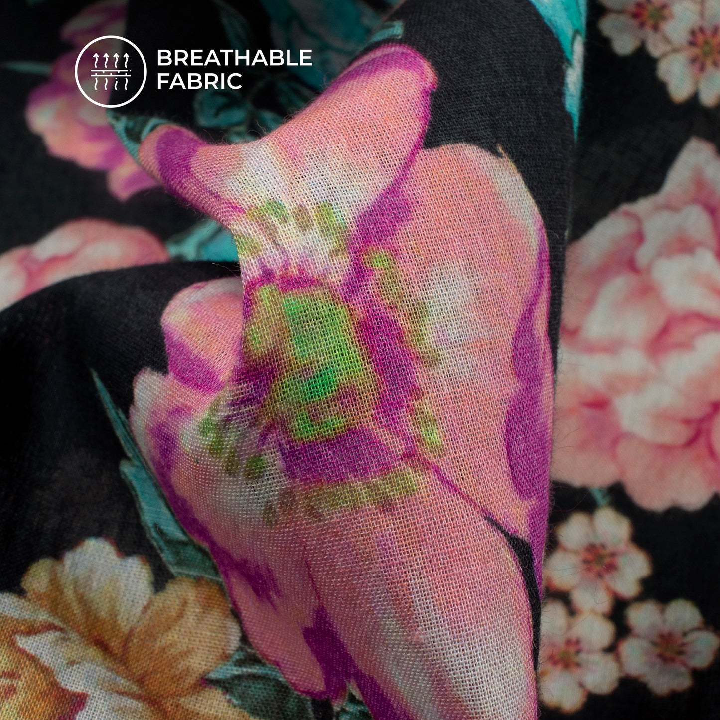 Black Floral Digital Print Pure Cotton Mulmul Fabric