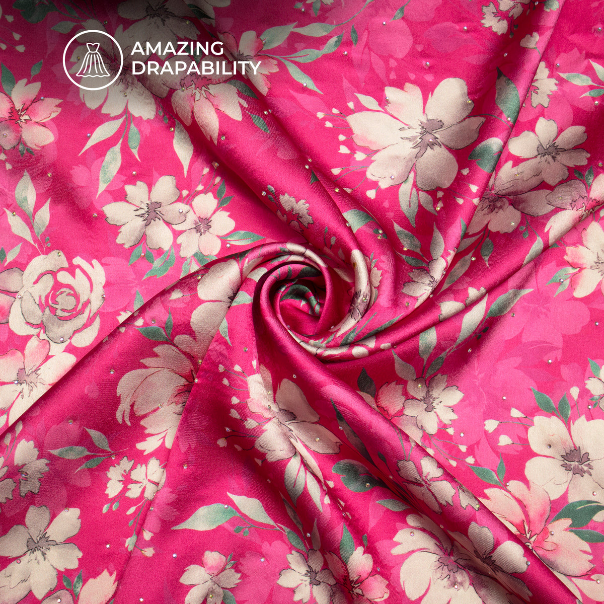 Spring Blossom Digital Print Premium Swarovski Hand Work Japan Satin Fabric