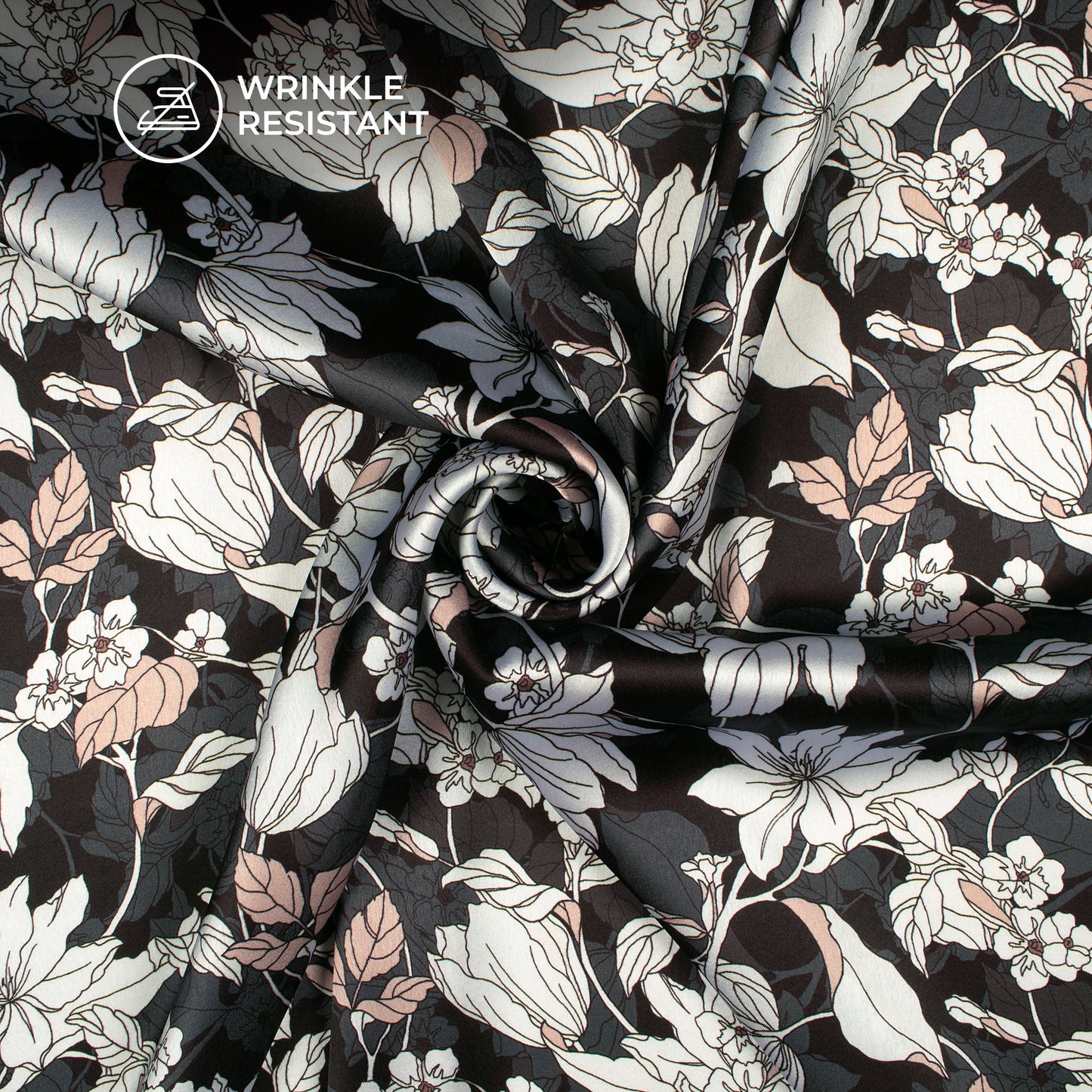Premium Black Floral Digital Print Japan Satin Fabric