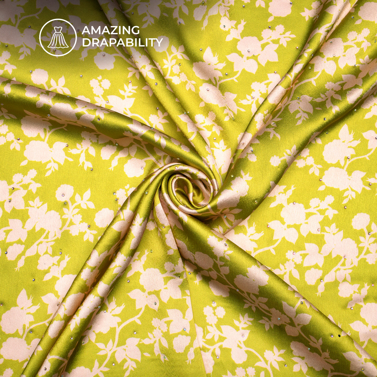 Floral Fantasia Digital Print Premium Swarovski Handwork Japan Satin Fabric