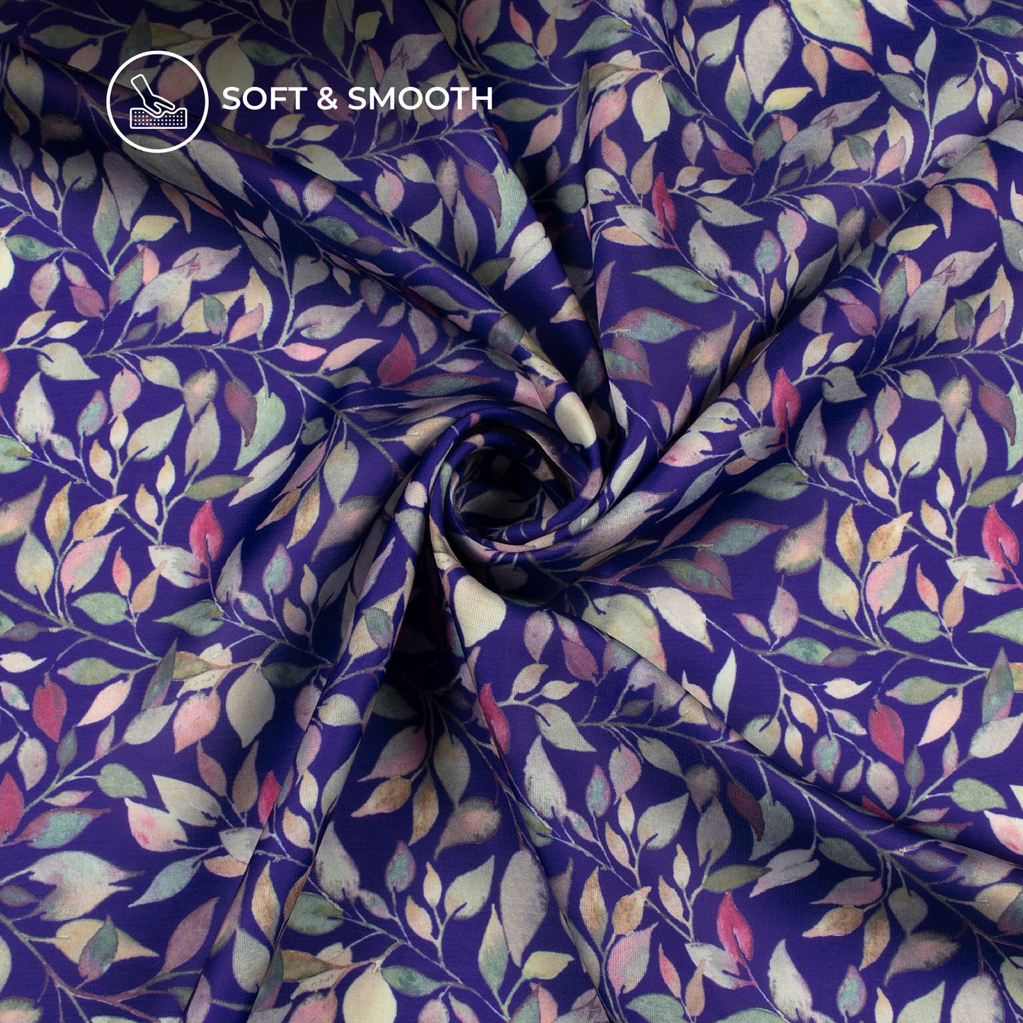 Royal Blue Leaf Digital Print Modal Satin Fabric