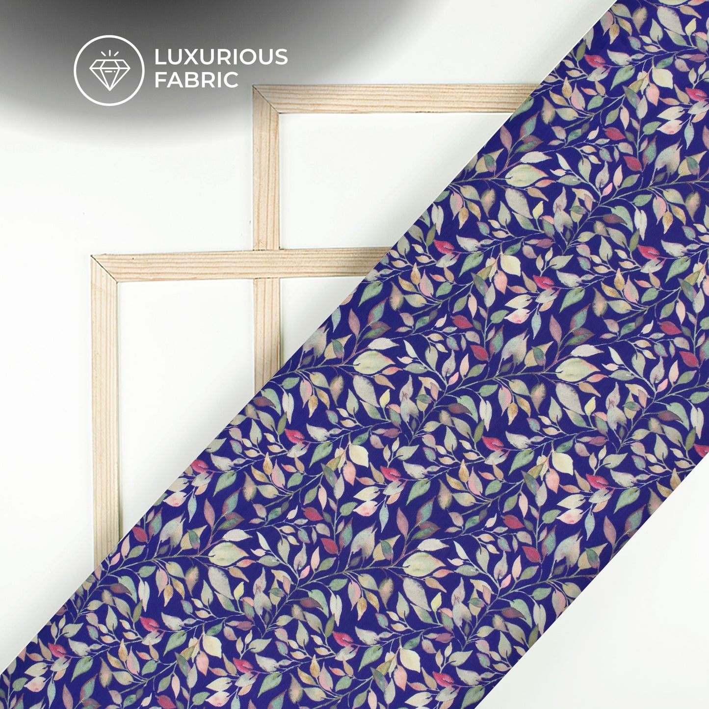 Royal Blue Leaf Digital Print Modal Satin Fabric