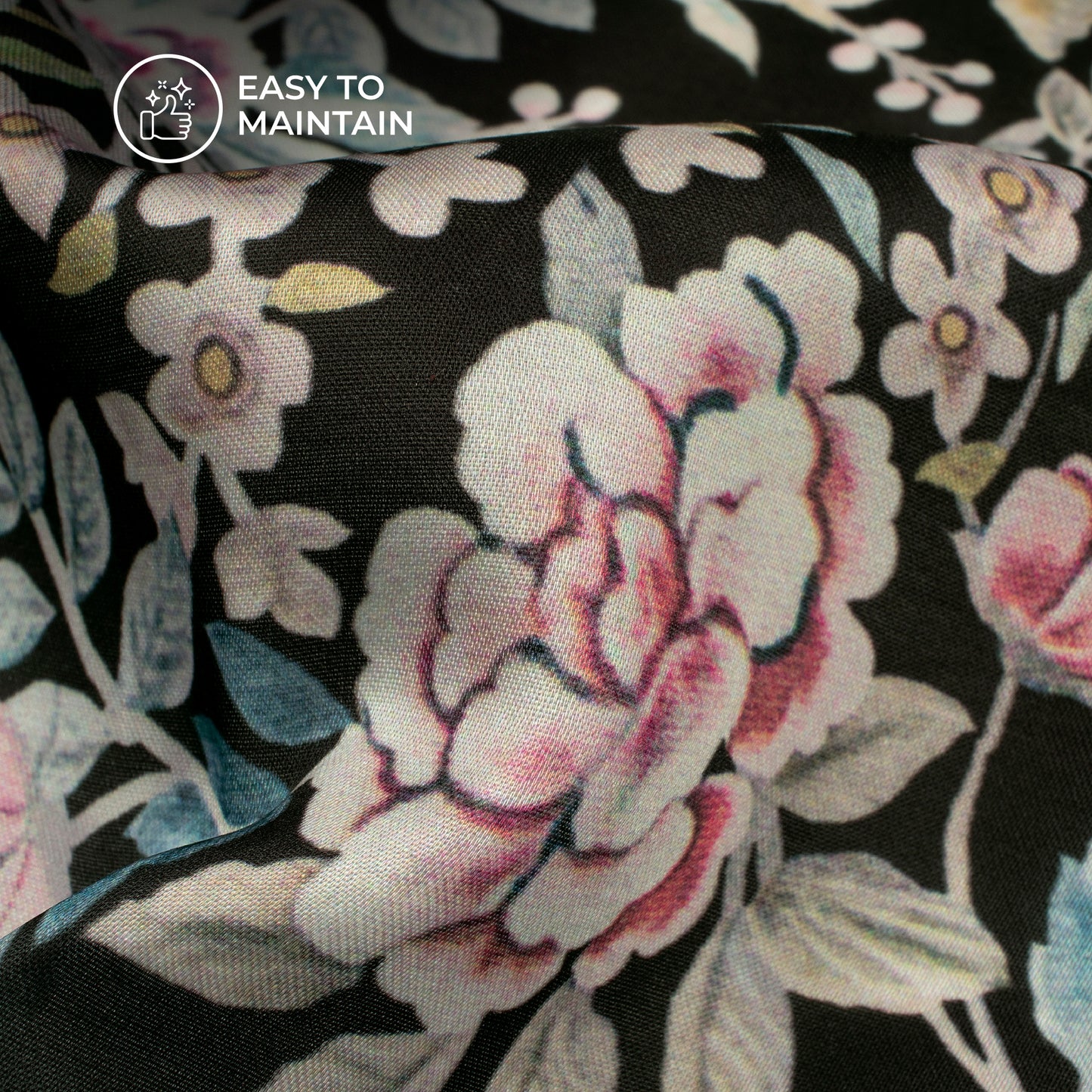 Black Floral Digital Print Modal Satin Fabric