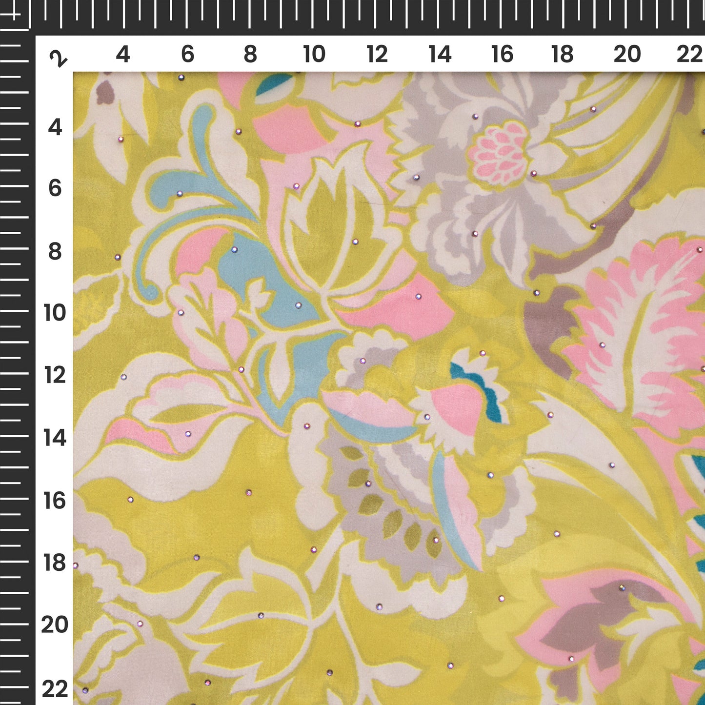 Olive Green Floral Digital Print Premium Swarovski Handwork Liquid Organza Fabric