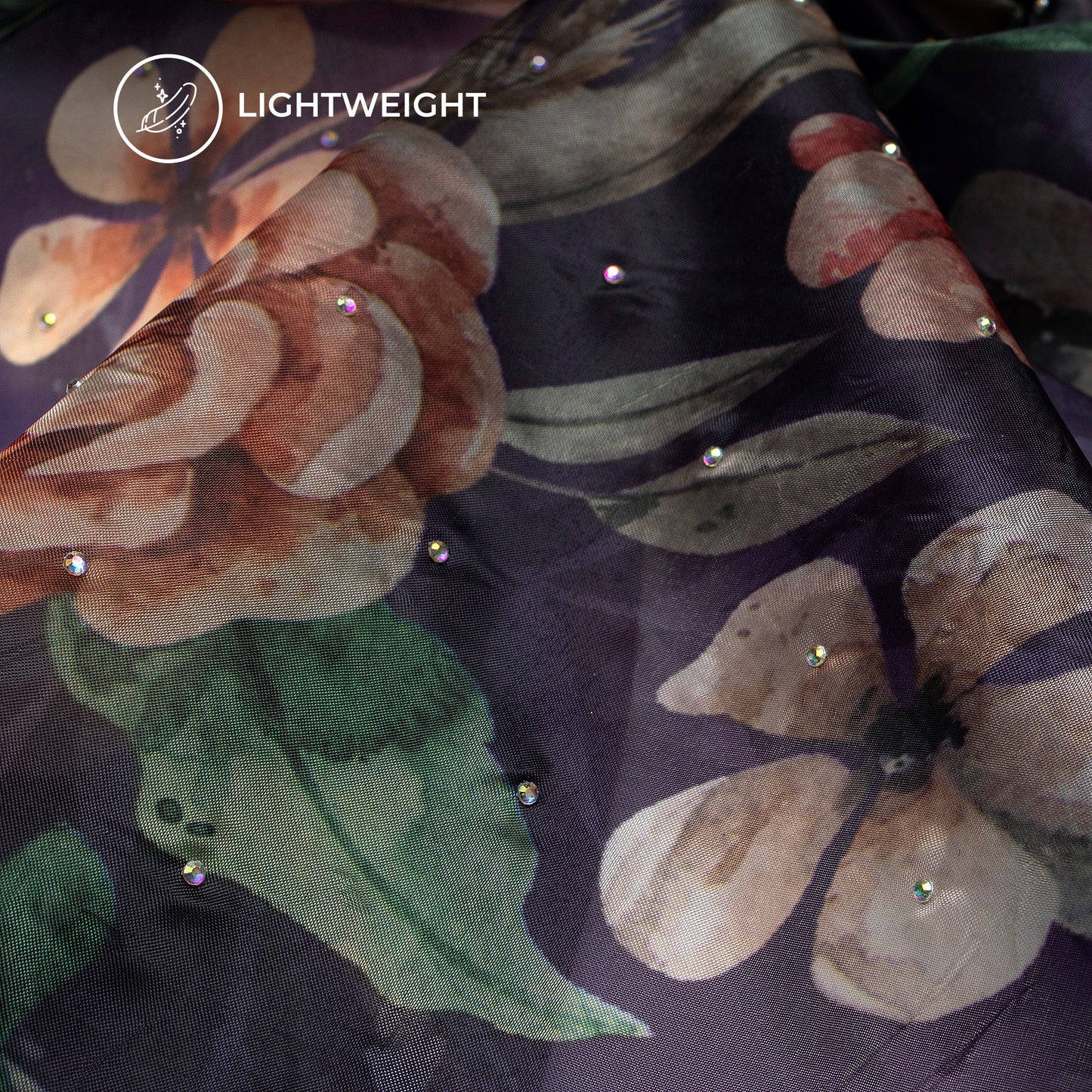 Floral Flair Digital Print Premium Swarovski Handwork Liquid Organza Fabric