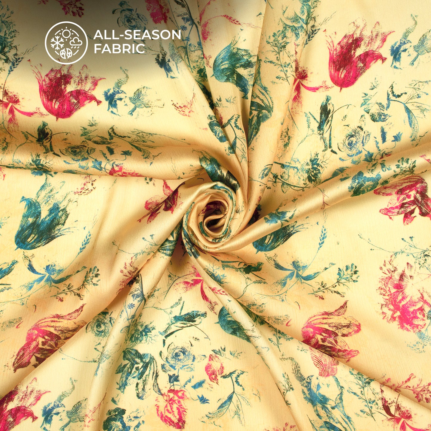 Pastel Yellow Floral Digital Print Chiffon Satin Fabric