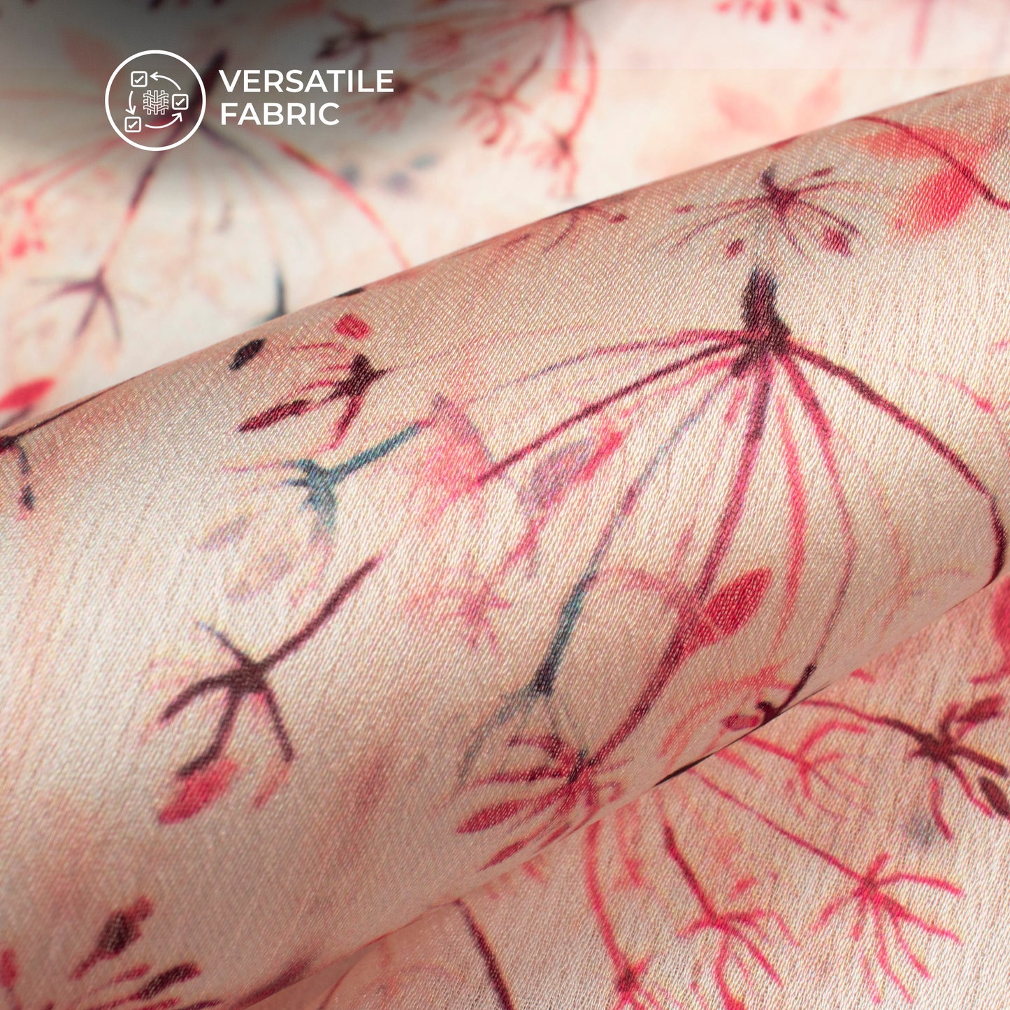 Peachy Pink Leaf Digital Print Chiffon Satin Fabric