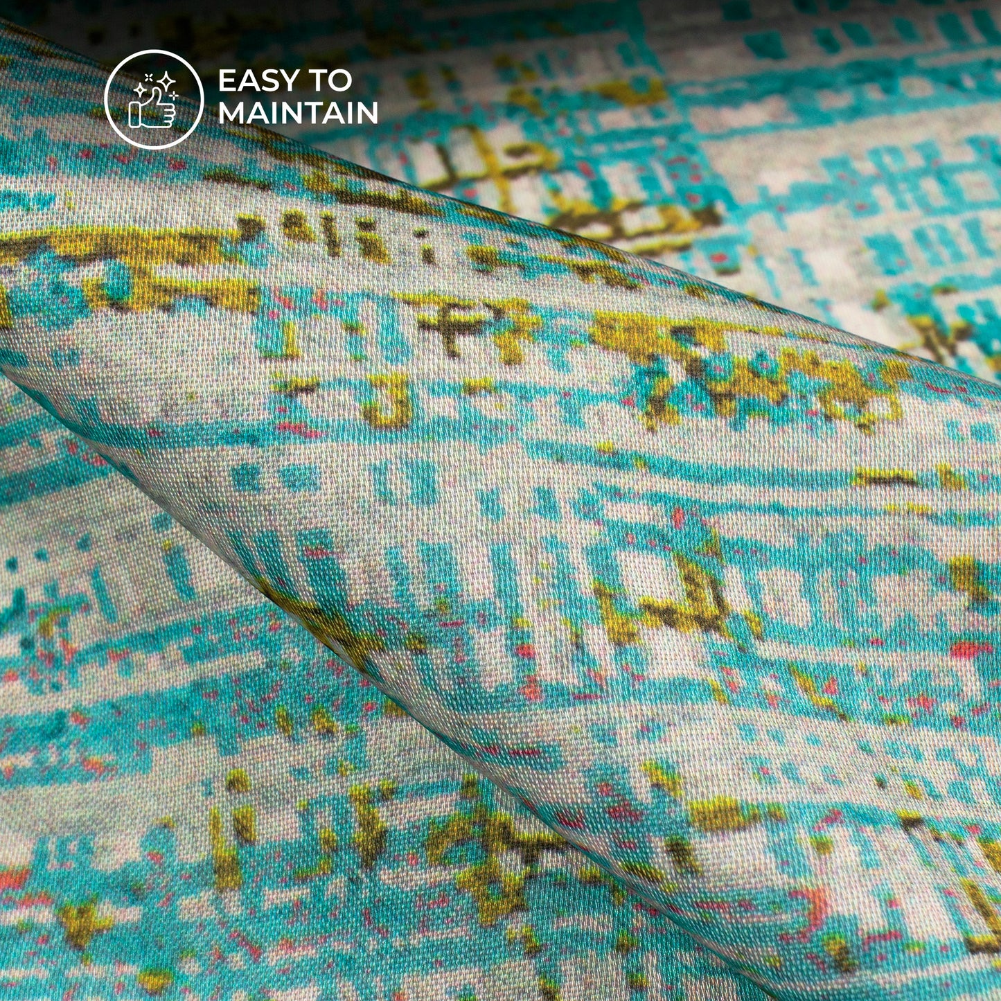 Teal Blue Geometric Digital Print Modal Satin Fabric