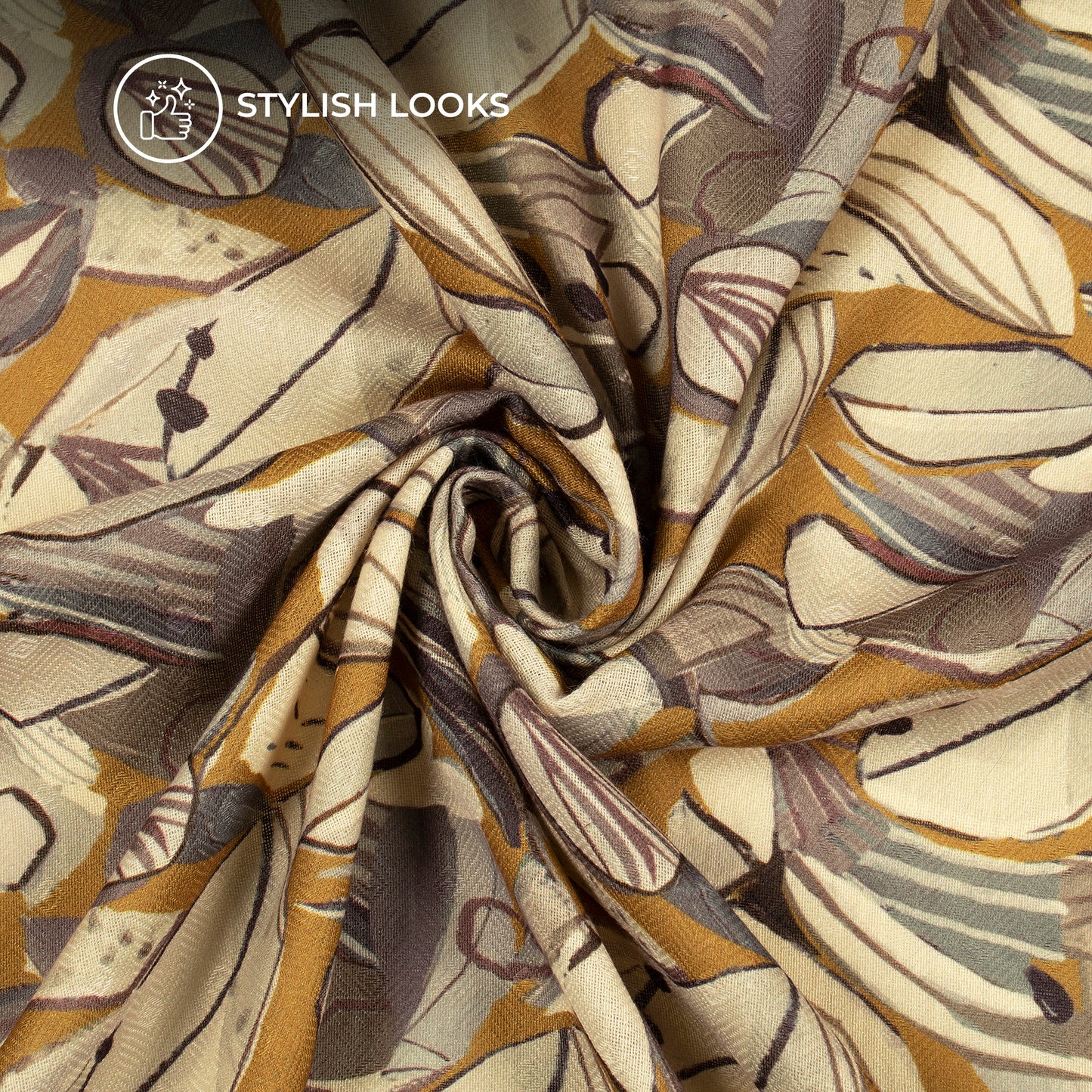 Murstard Yellow Leaf Digital Print Blend Pasmina Fabric