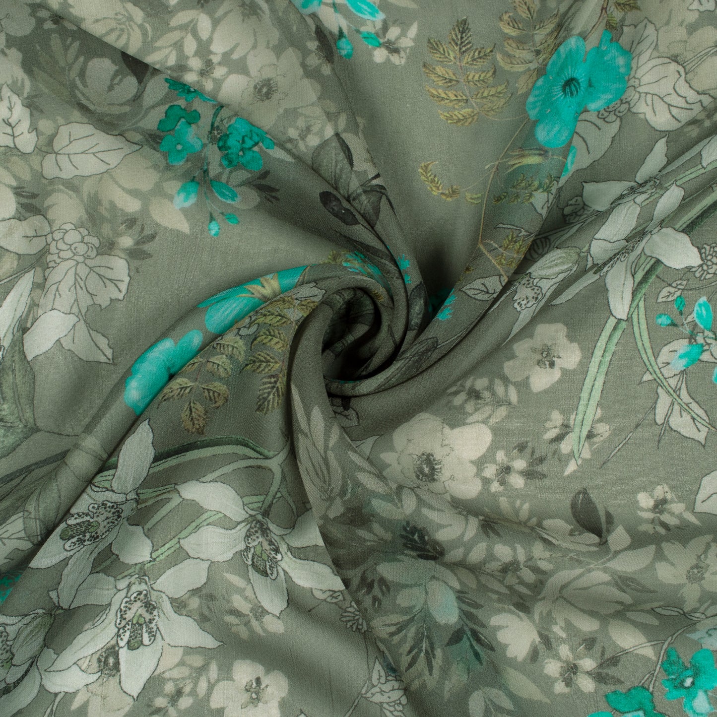 Gray Green Floral Digital Print Viscose Georgette Fabric