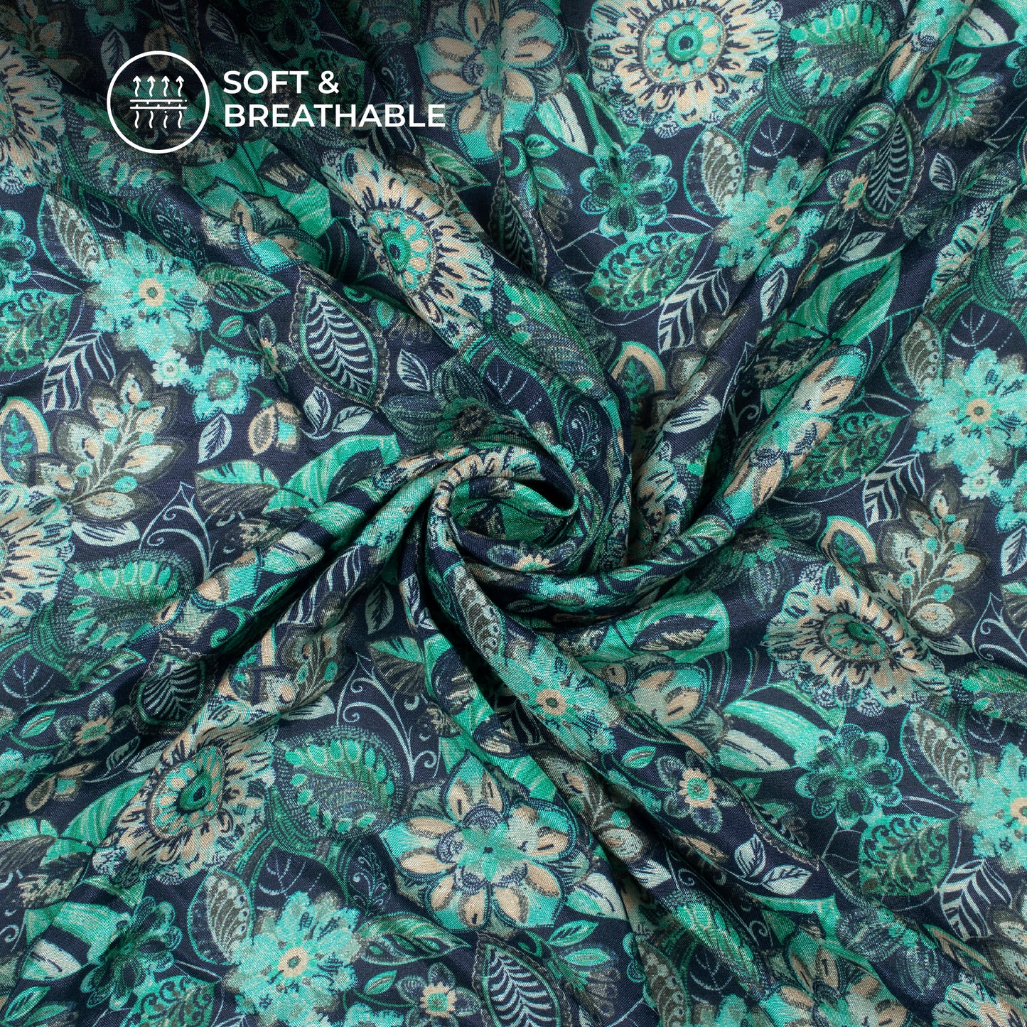 Seafoam Green Floral Digital Print Viscose Muslin Fabric