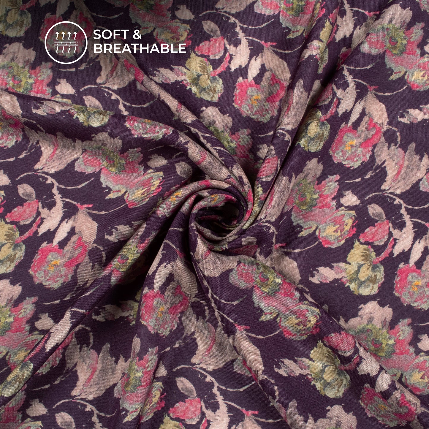 Dark Purple Floral Digital Print Viscose Muslin Fabric