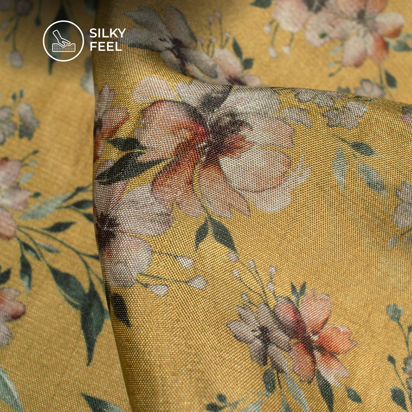 Canary Yellow Floral Digital Print Viscose Uppada Silk Fabric