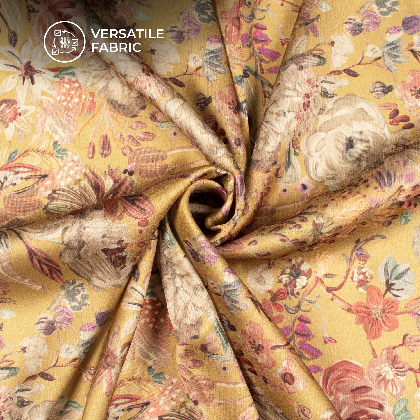 Mustard Yellow Floral Digital Print Chiffon Satin Fabric