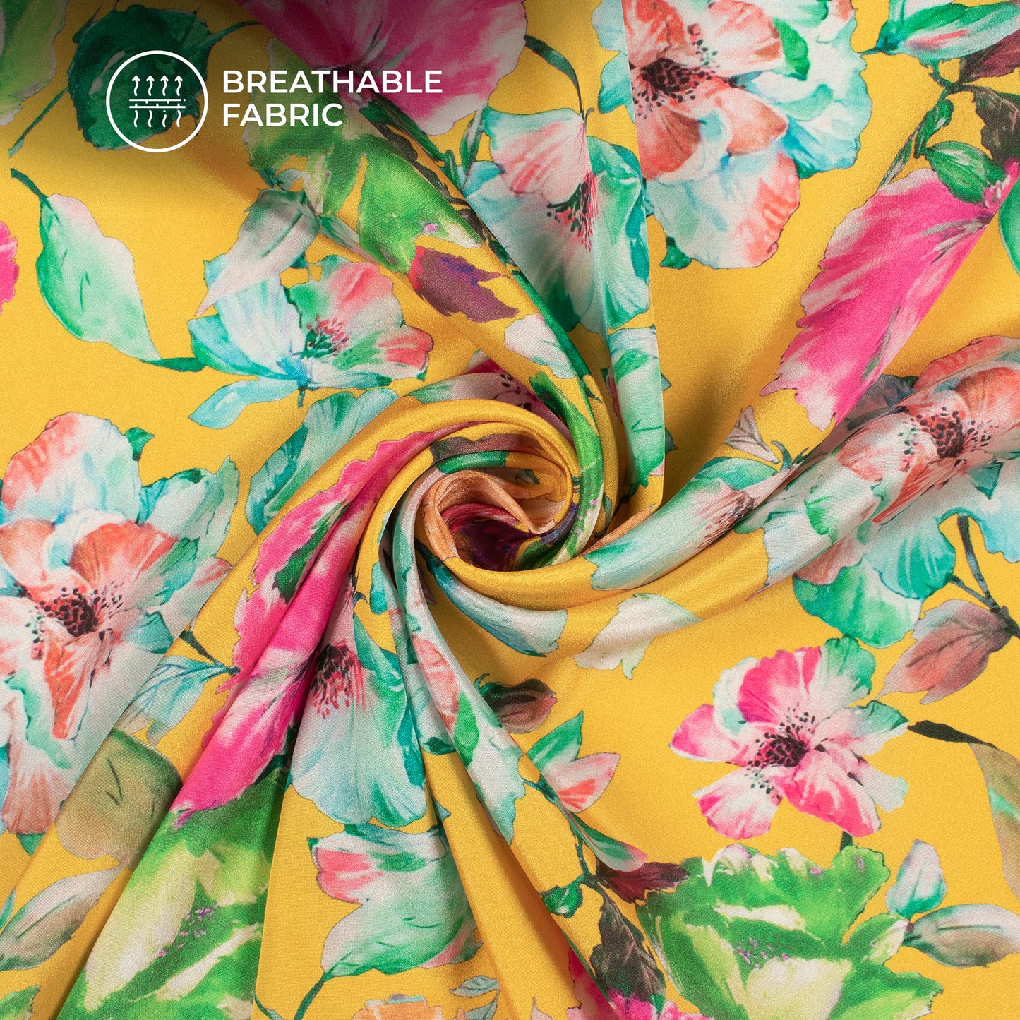 Yellow Floral Digital Print Crepe Silk Fabric