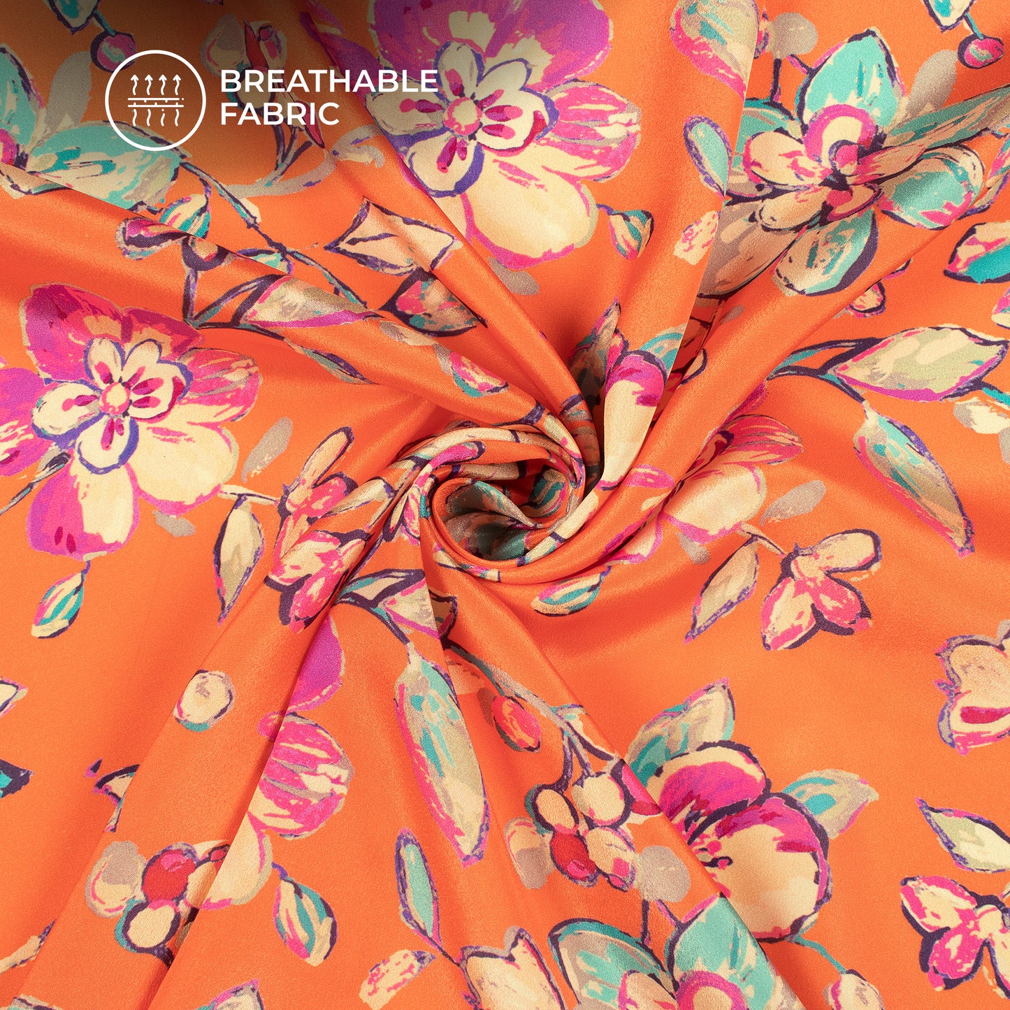 Orange Floral Digital Print Crepe Silk Fabric