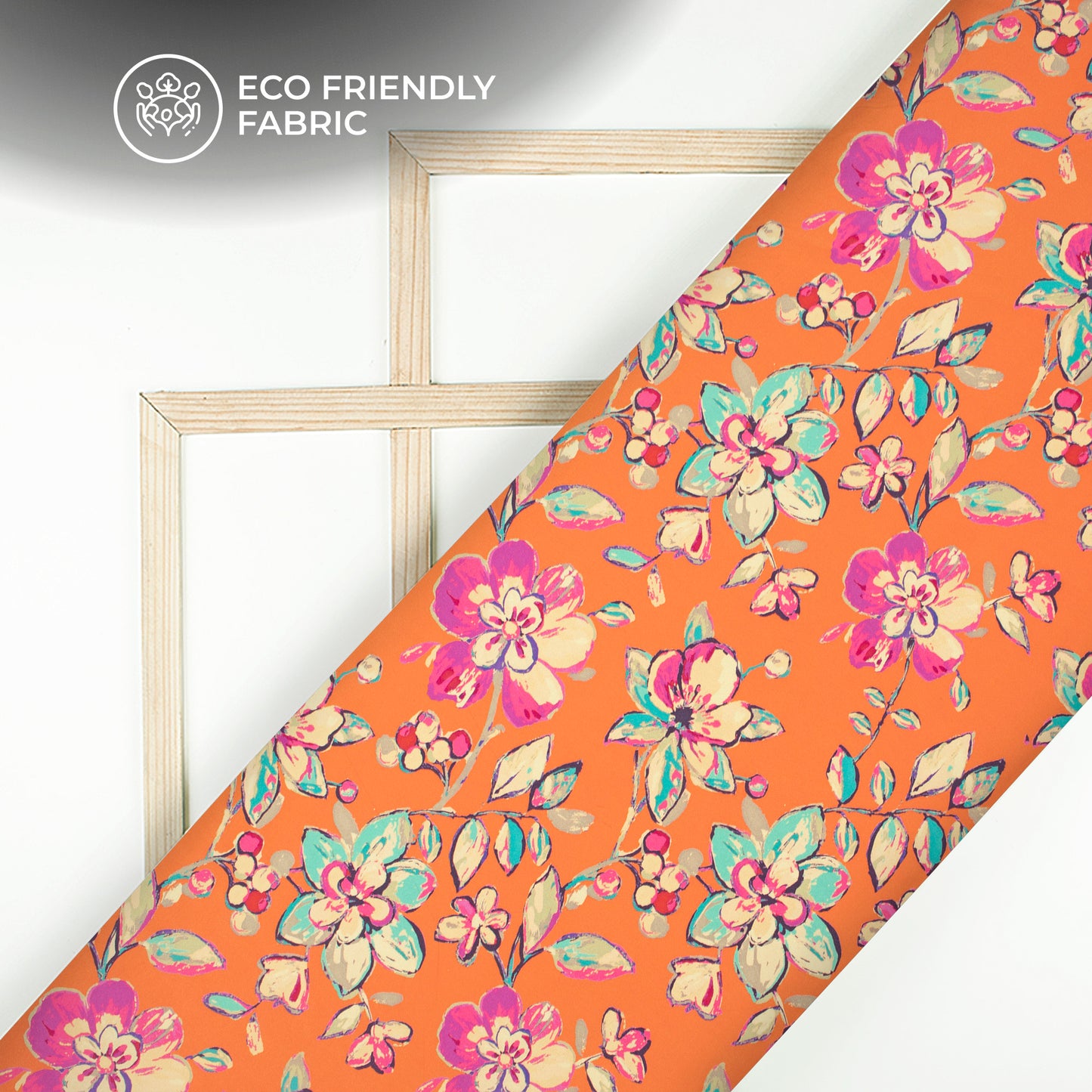 Orange Floral Digital Print Crepe Silk Fabric