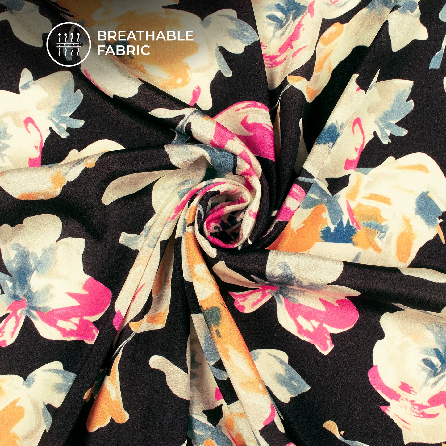 Black Floral Digital Print Crepe Silk Fabric