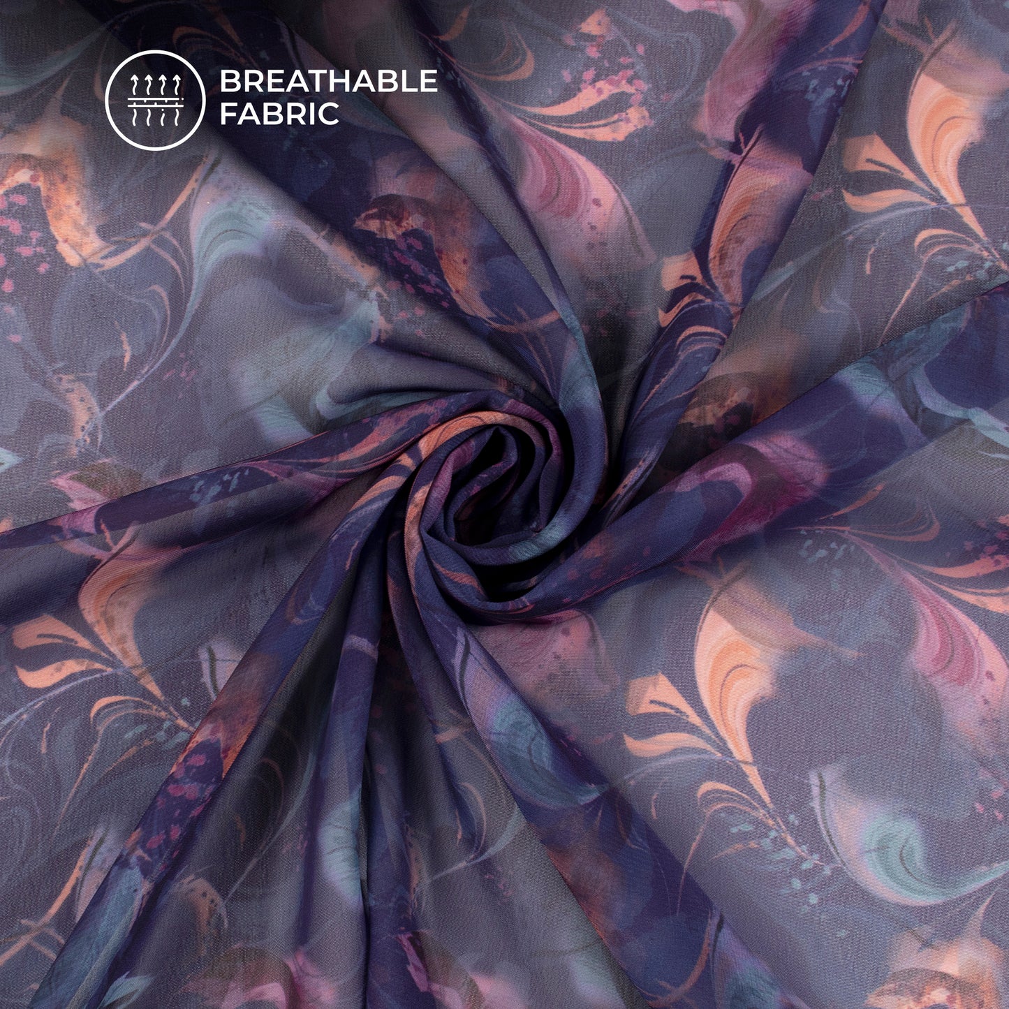 Navy Blue Floral Digital Print Lightweight Georgette Fabric