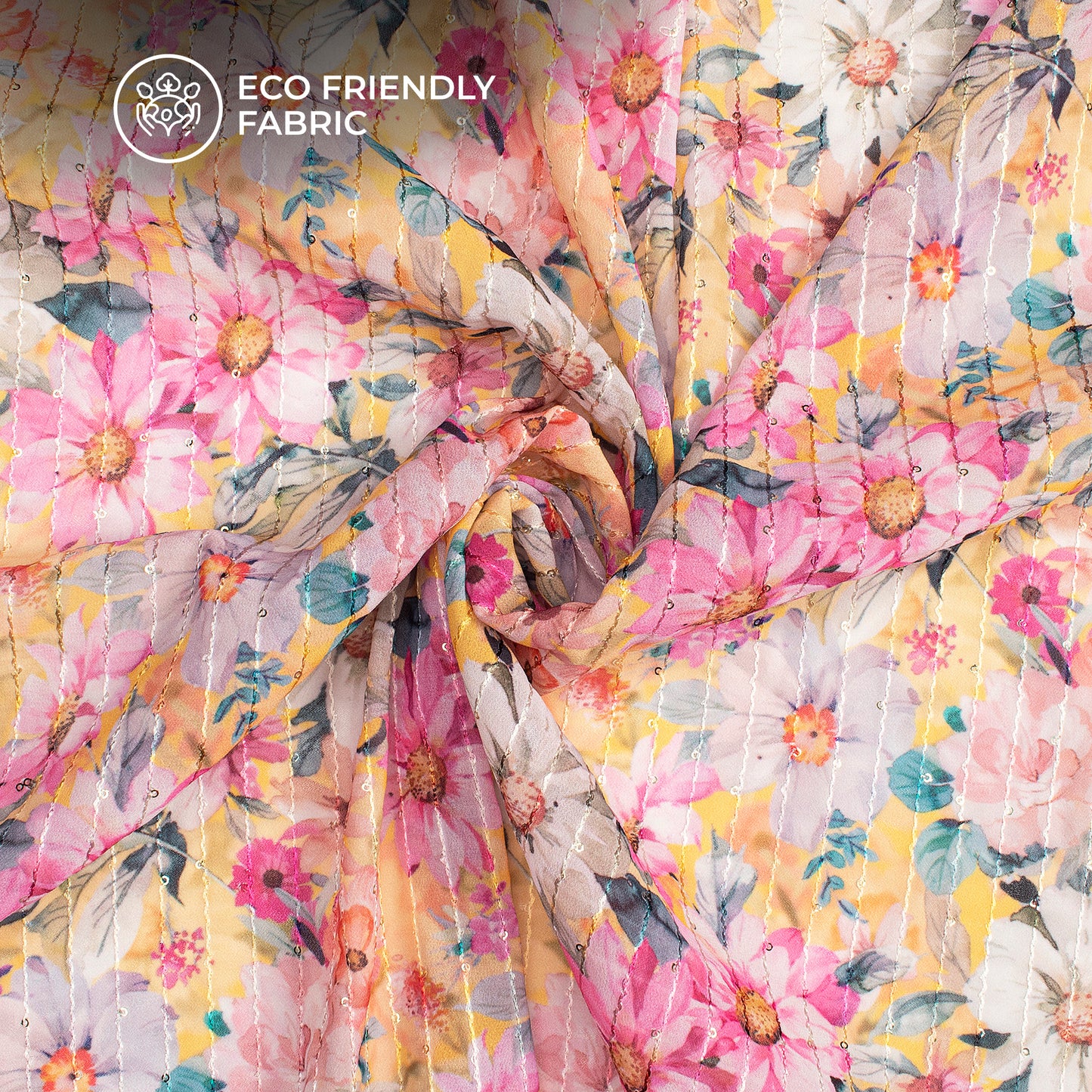 Baby Pink Floral Digital Print Premium Sequins Georgette Fabric