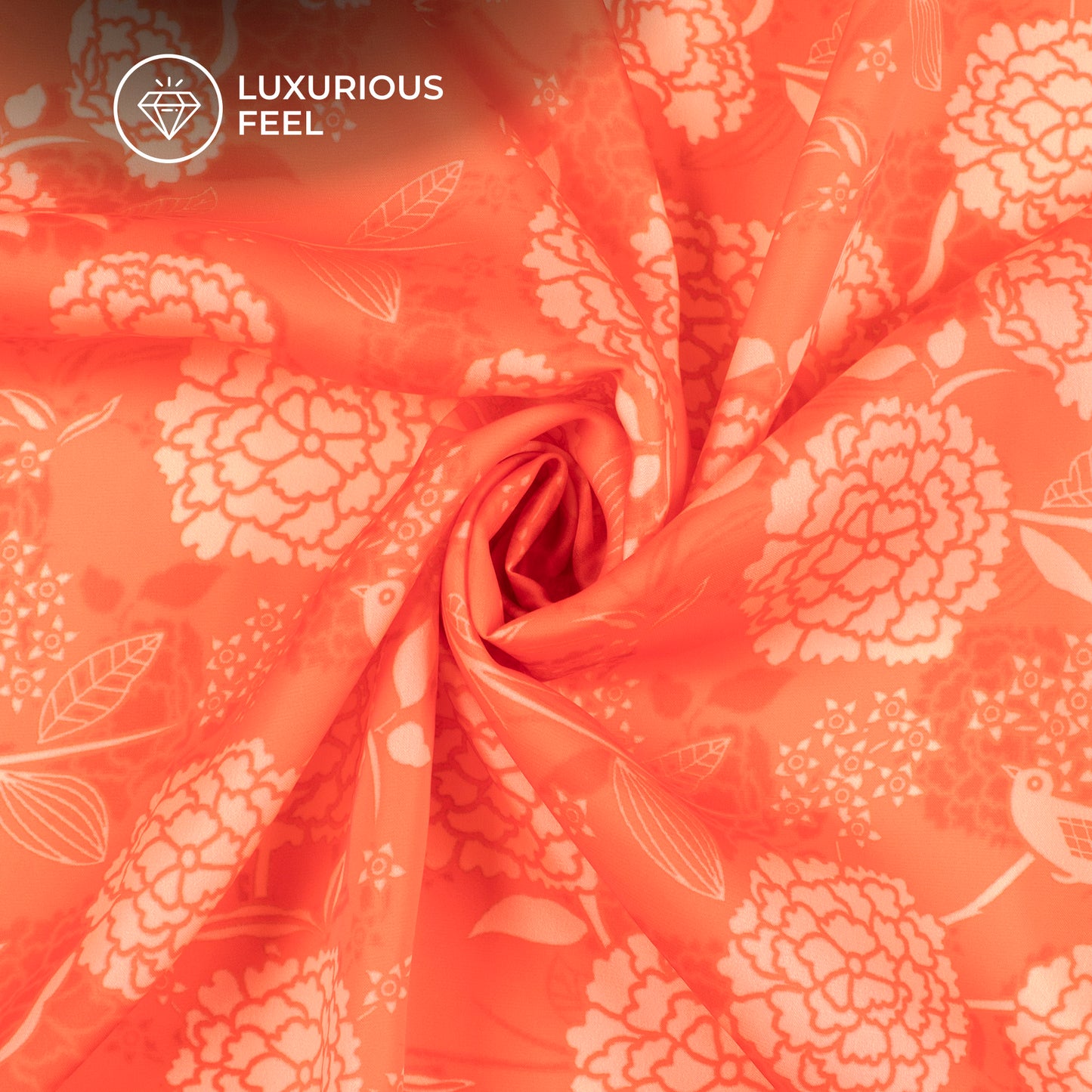 Vermilion Orange Floral Digital Print Imported Satin Fabric