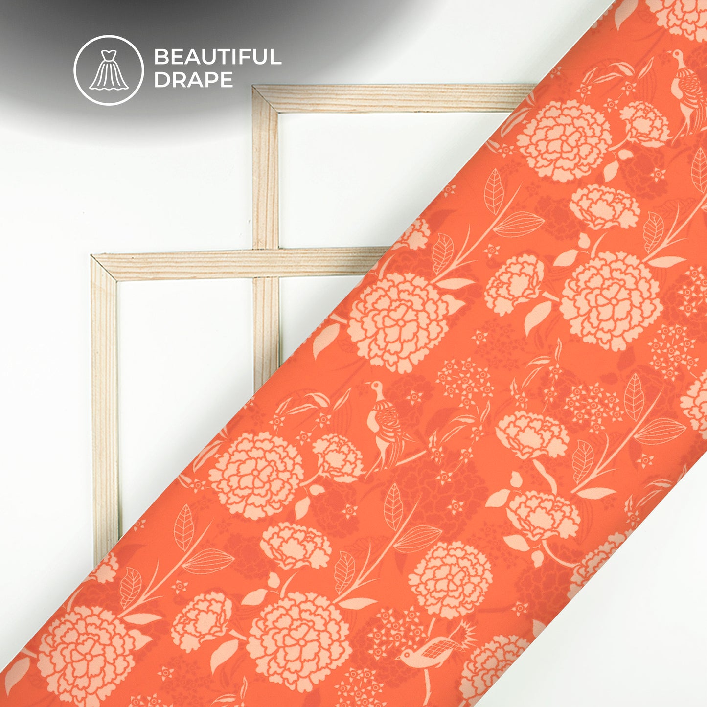 Vermilion Orange Floral Digital Print Imported Satin Fabric